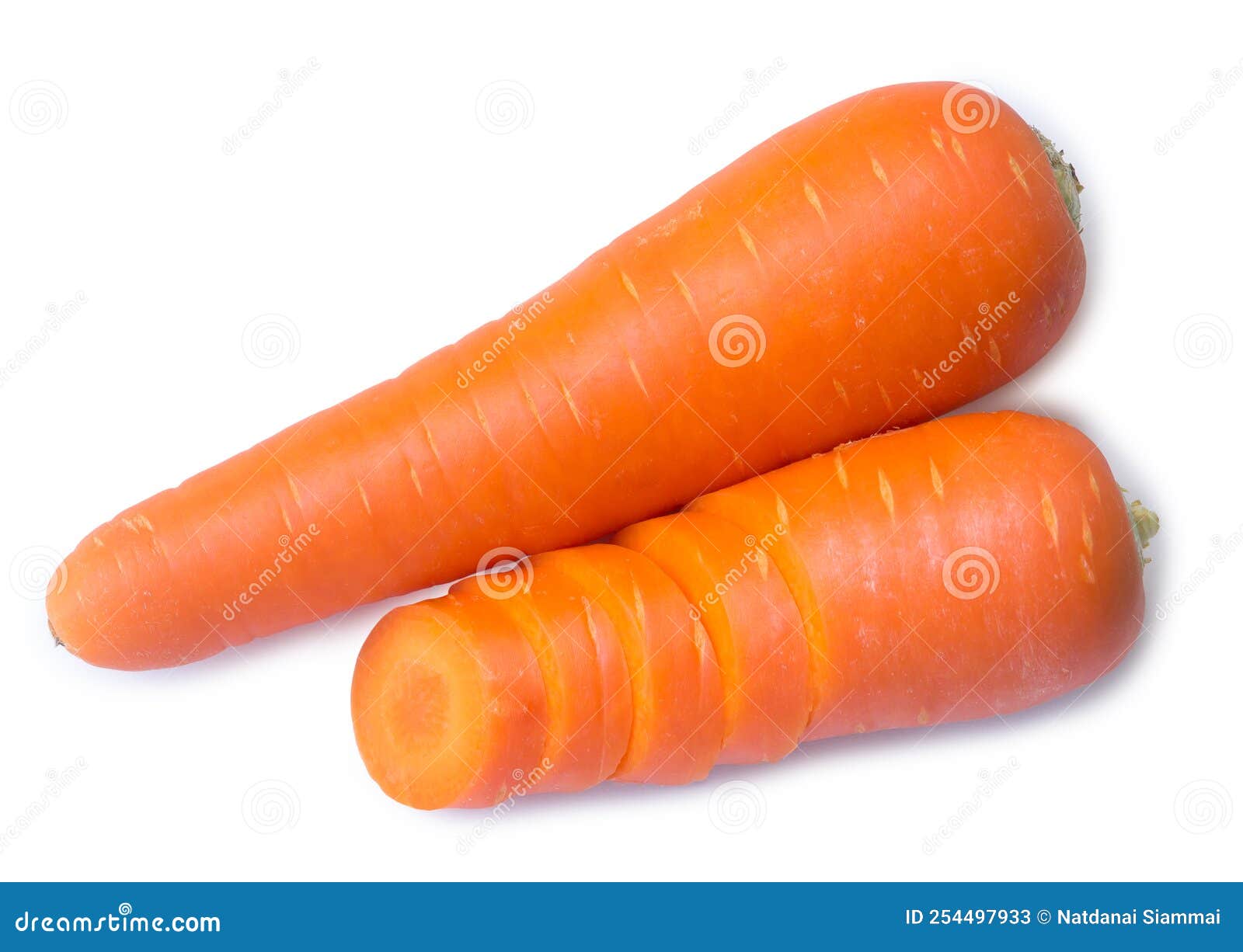 Flat Laying of Two Fresh Orange Carrots with Slices Isolated on White Background with Clipping
