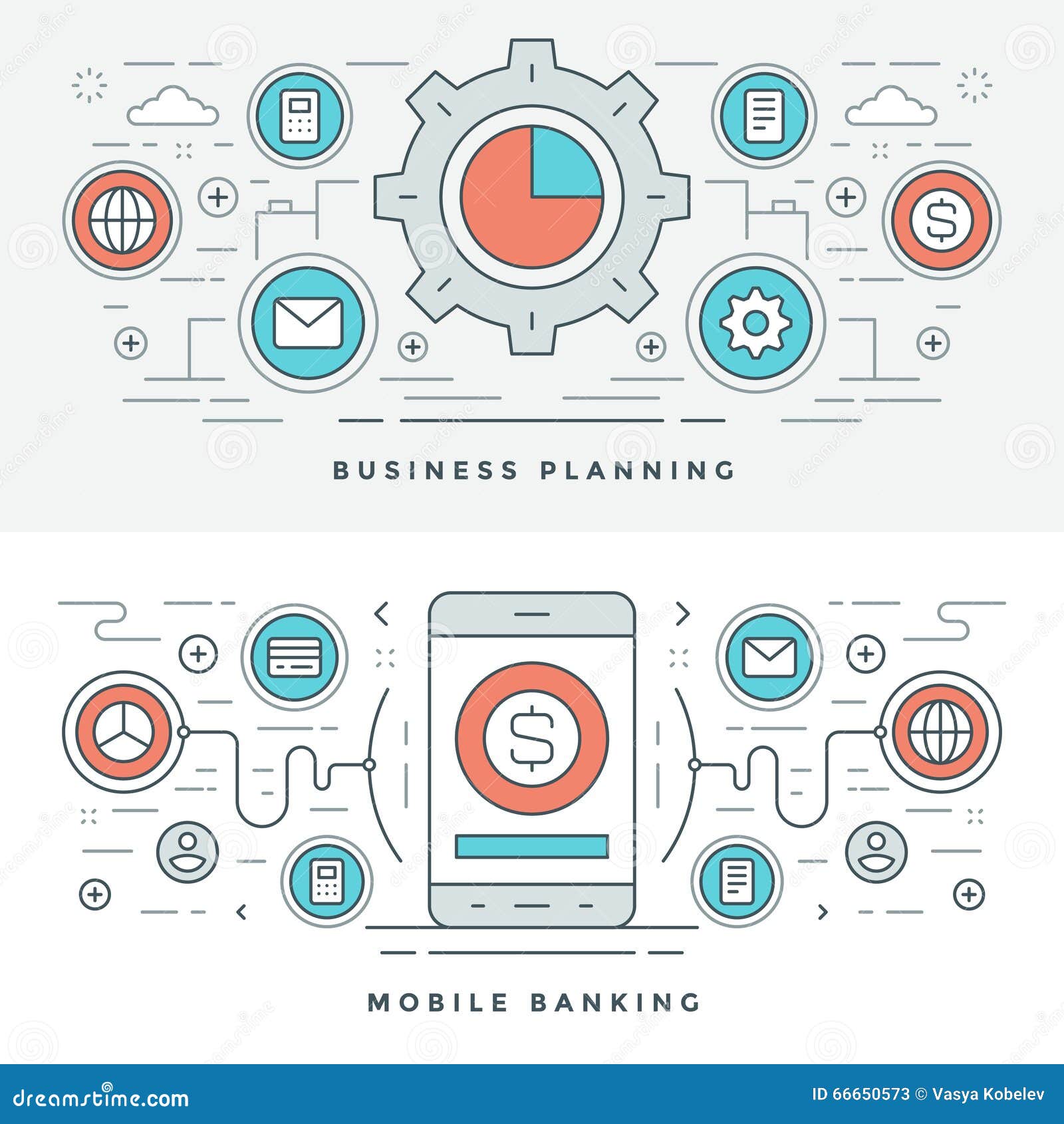 Flat Line Business Planning and Banking. Vector Illustration. Modern
