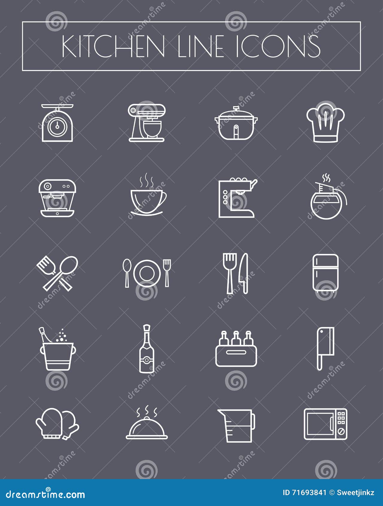 Flat Line Kitchen Tools Icon Set. Stock Vector Illustration of line