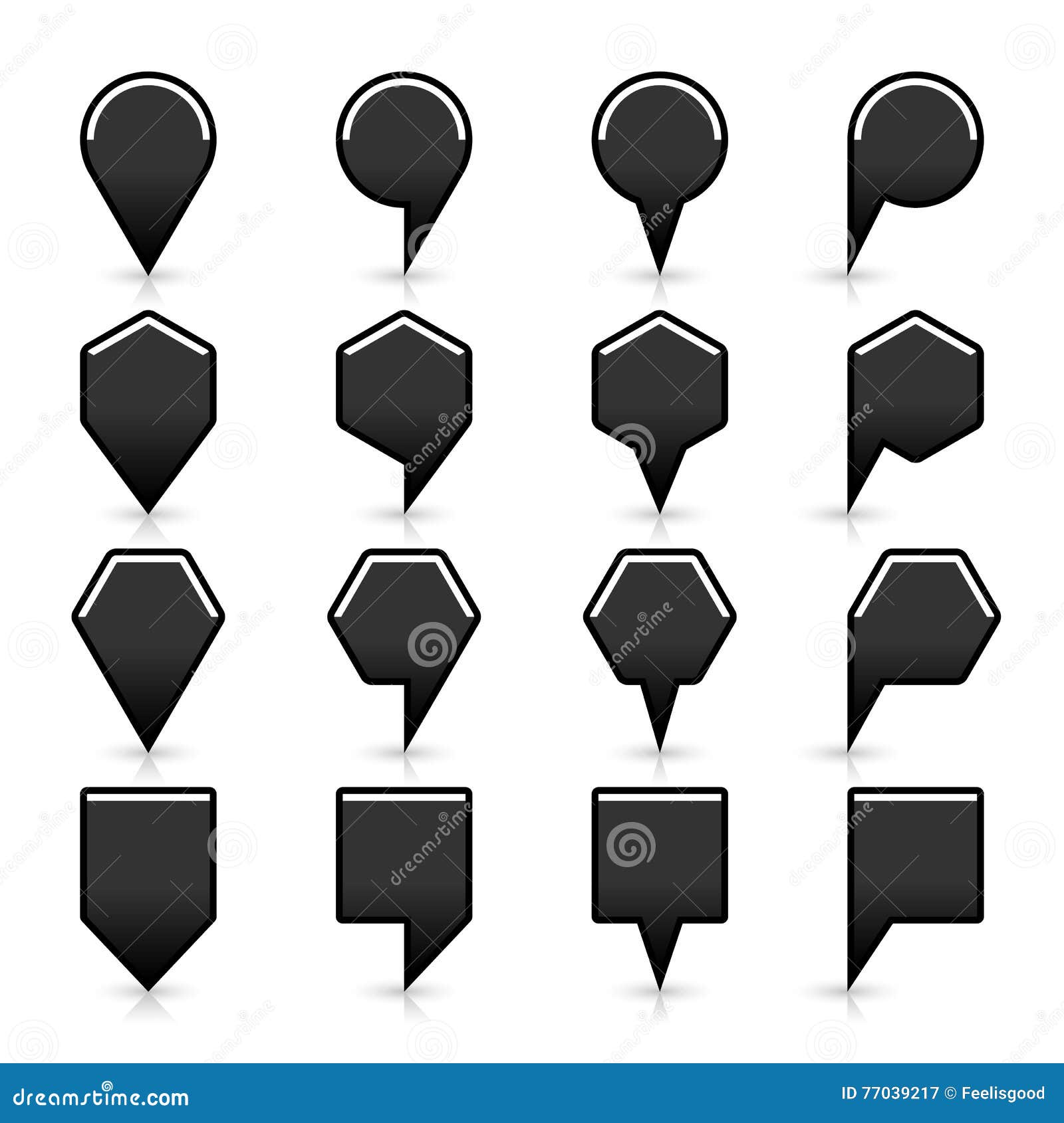 flat map pins sign black location icon with shadow