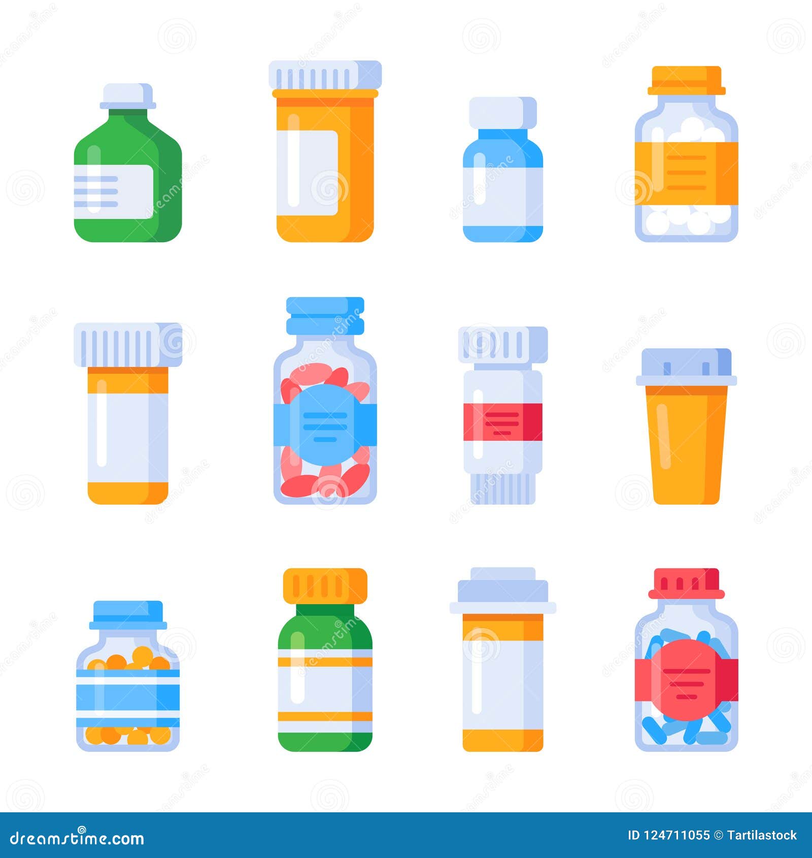flat medicine bottles. vitamin bottle with prescription label, drug pills container or vitamins and minerals pill