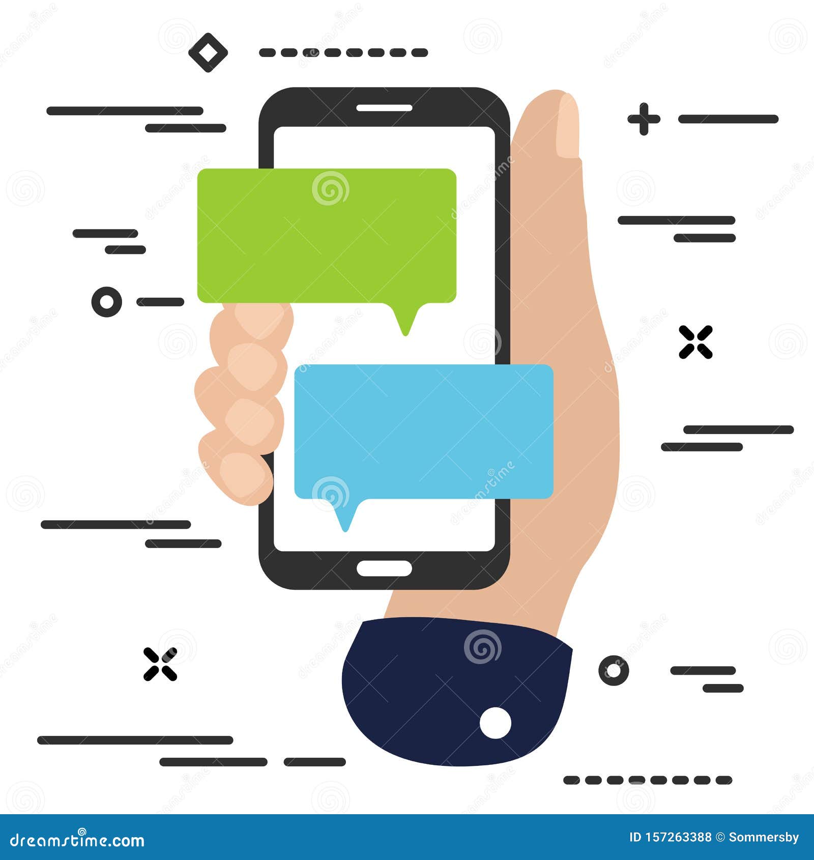 Flat Minimal Hand Holding Mobile Phone With Chat Message Notifications Arm With Smartphone And Chatting Bubble Speeches Text Stock Vector Illustration Of Technology Screen