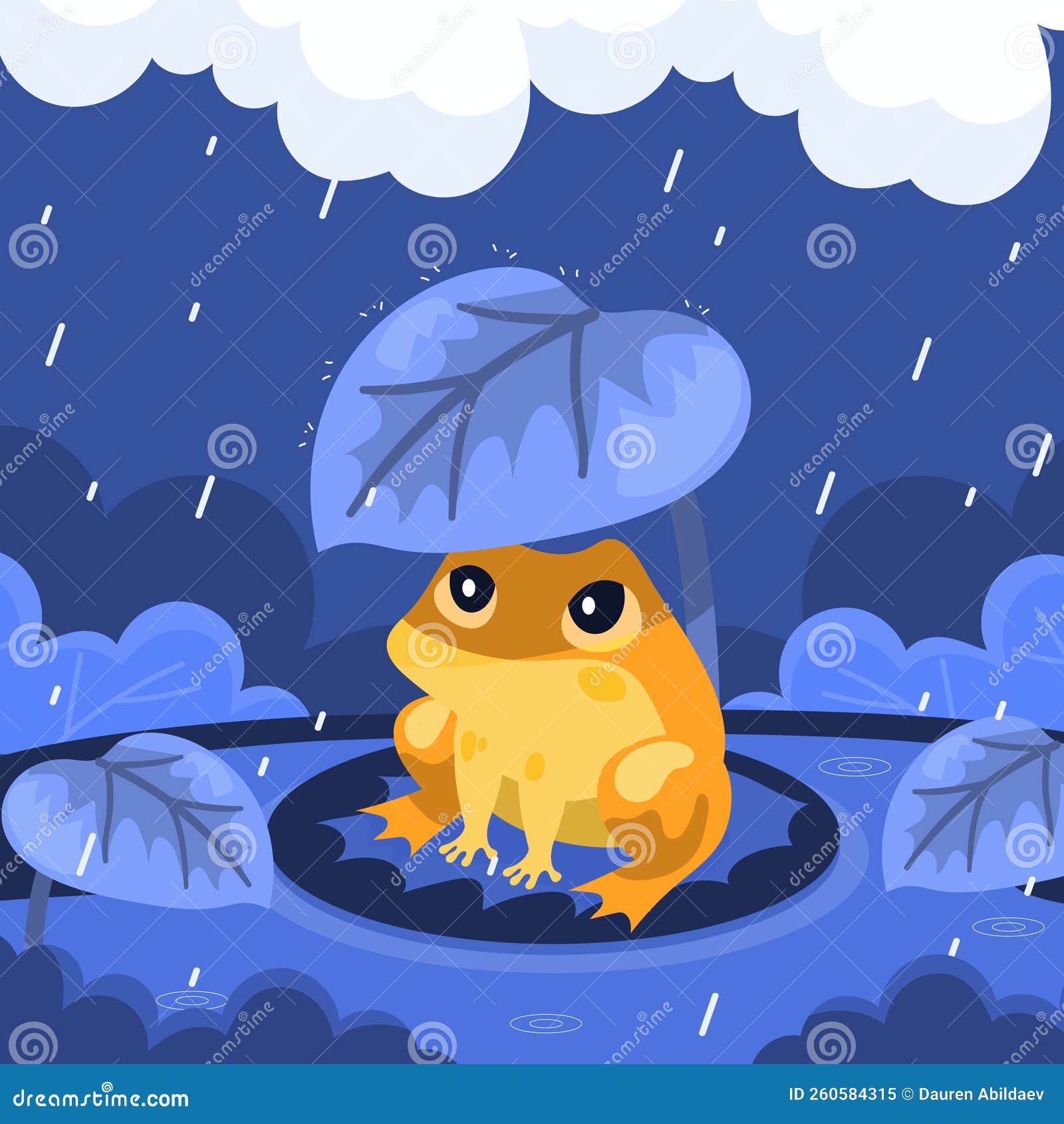 Flat Monsoon Season Illustration with Frog Under Leaf in the Rain