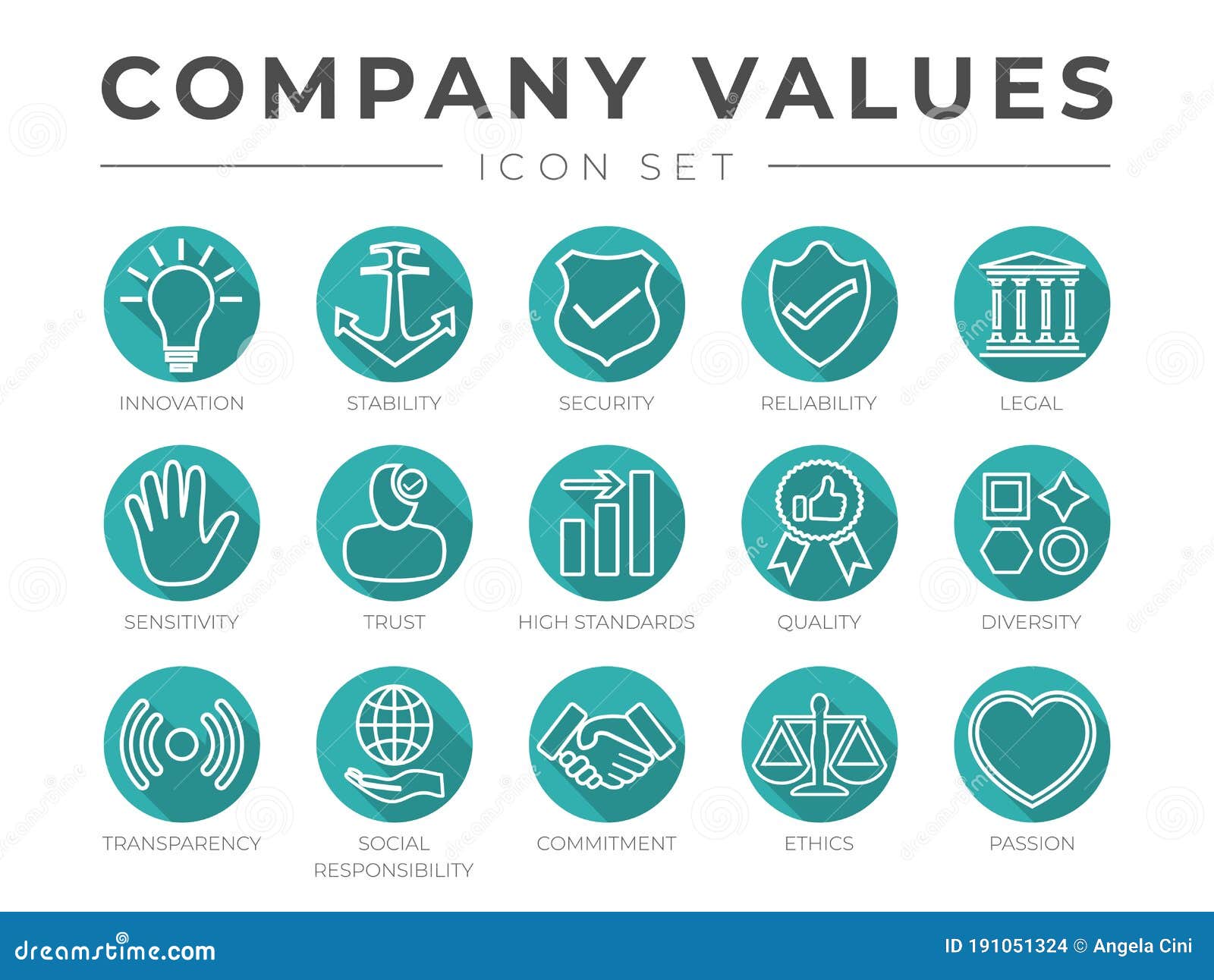 flat outline company core values icon set . innovation, stability, security, reliability, legal, sensitivity, trust, high