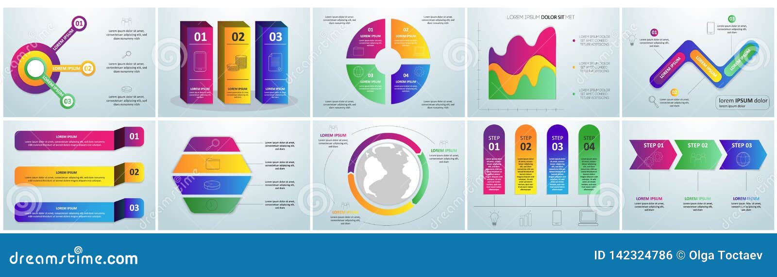 Flat Paper Infographic Set with Charts and Bookmarks Title and Heading