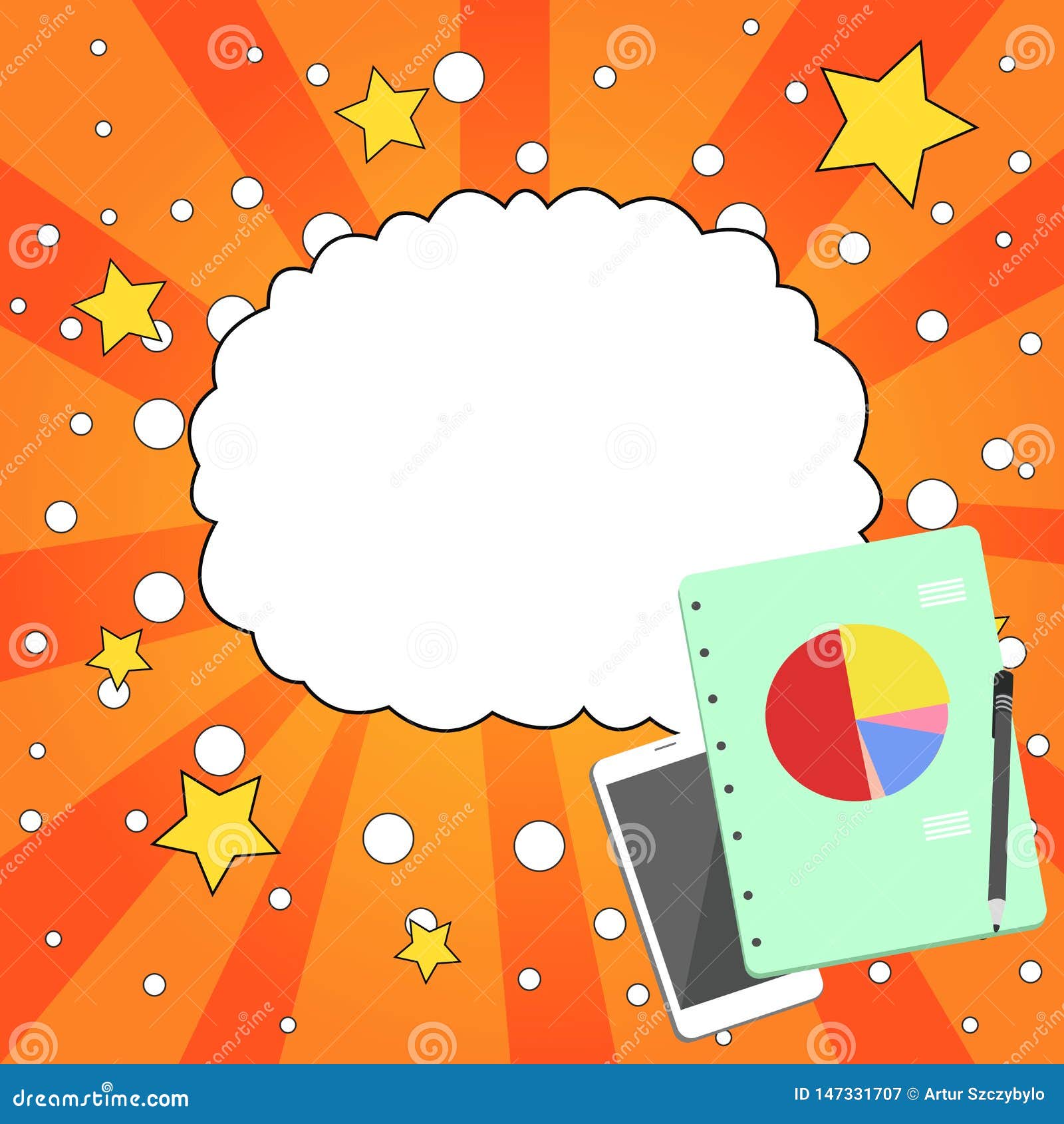 flat photo layout of switched off smartphone device, ballpoint pen and ringbound notepad with colorful business pie