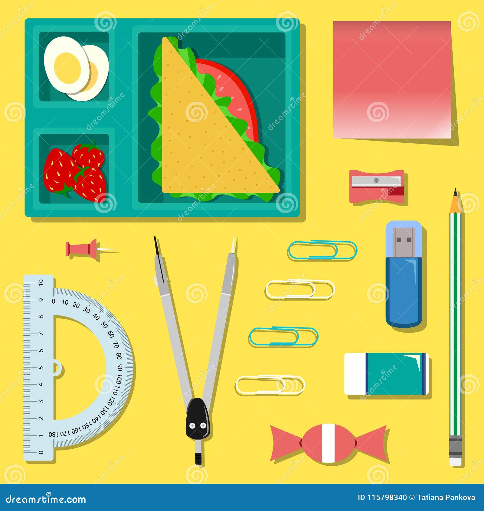 Flat Set of Stationery with Lunch Box on the Table. Stock Vector