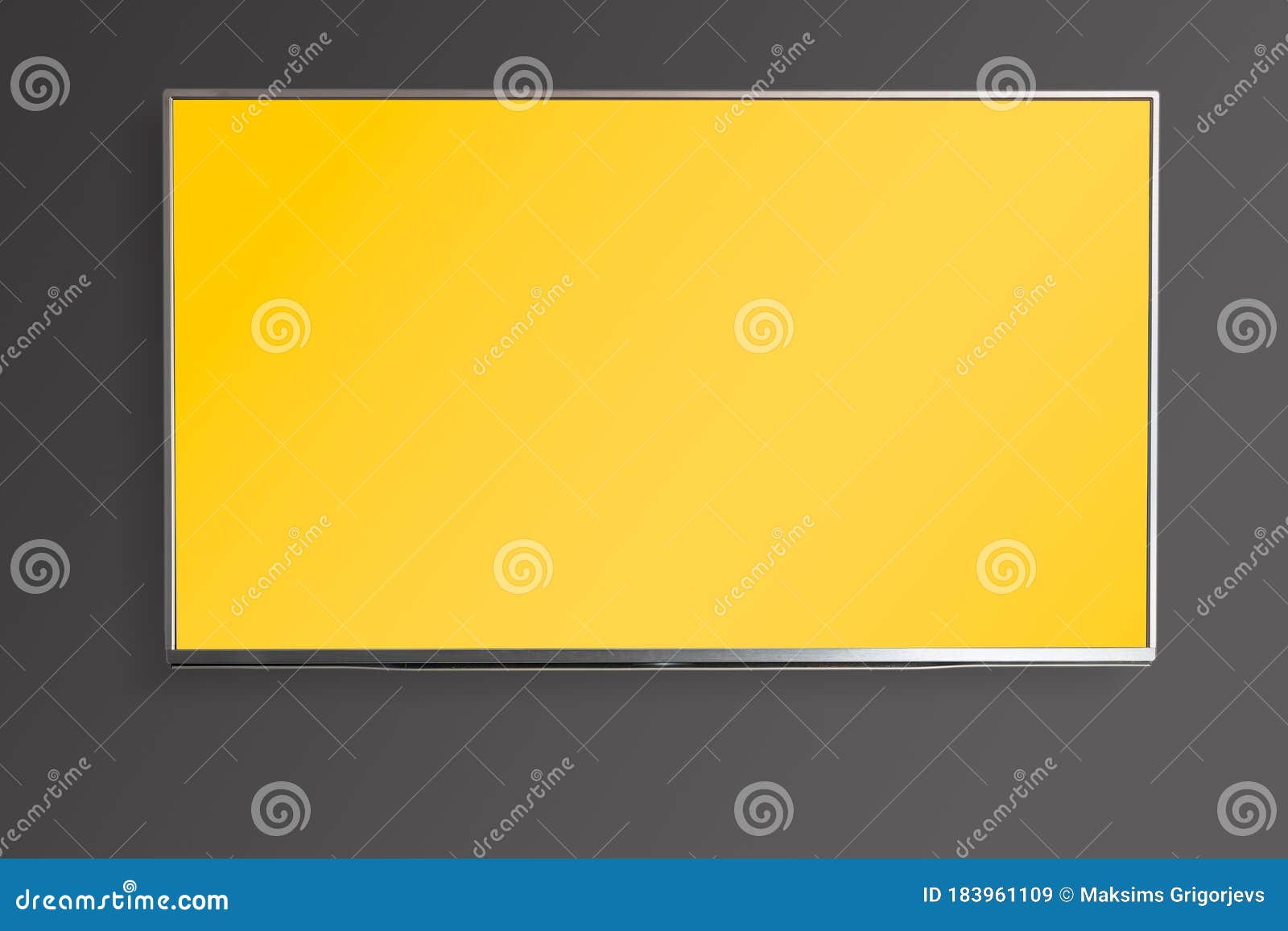 Flat Smart TV Mockup with Blank Yellow Screen Hanging on Gray Wall