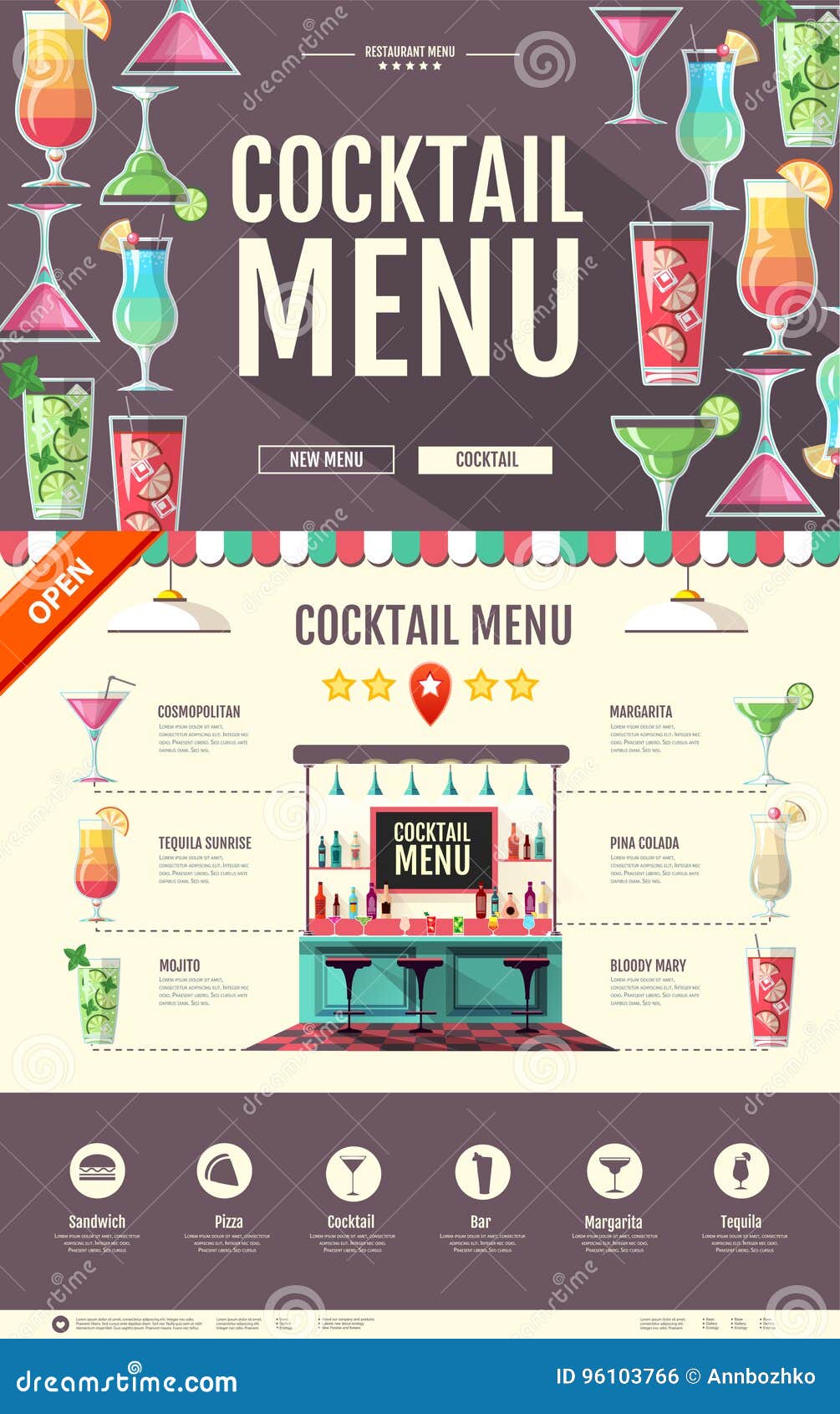 Flat Style Cocktail Bar Design. Web Site Design. Cocktail Menu Stock ...