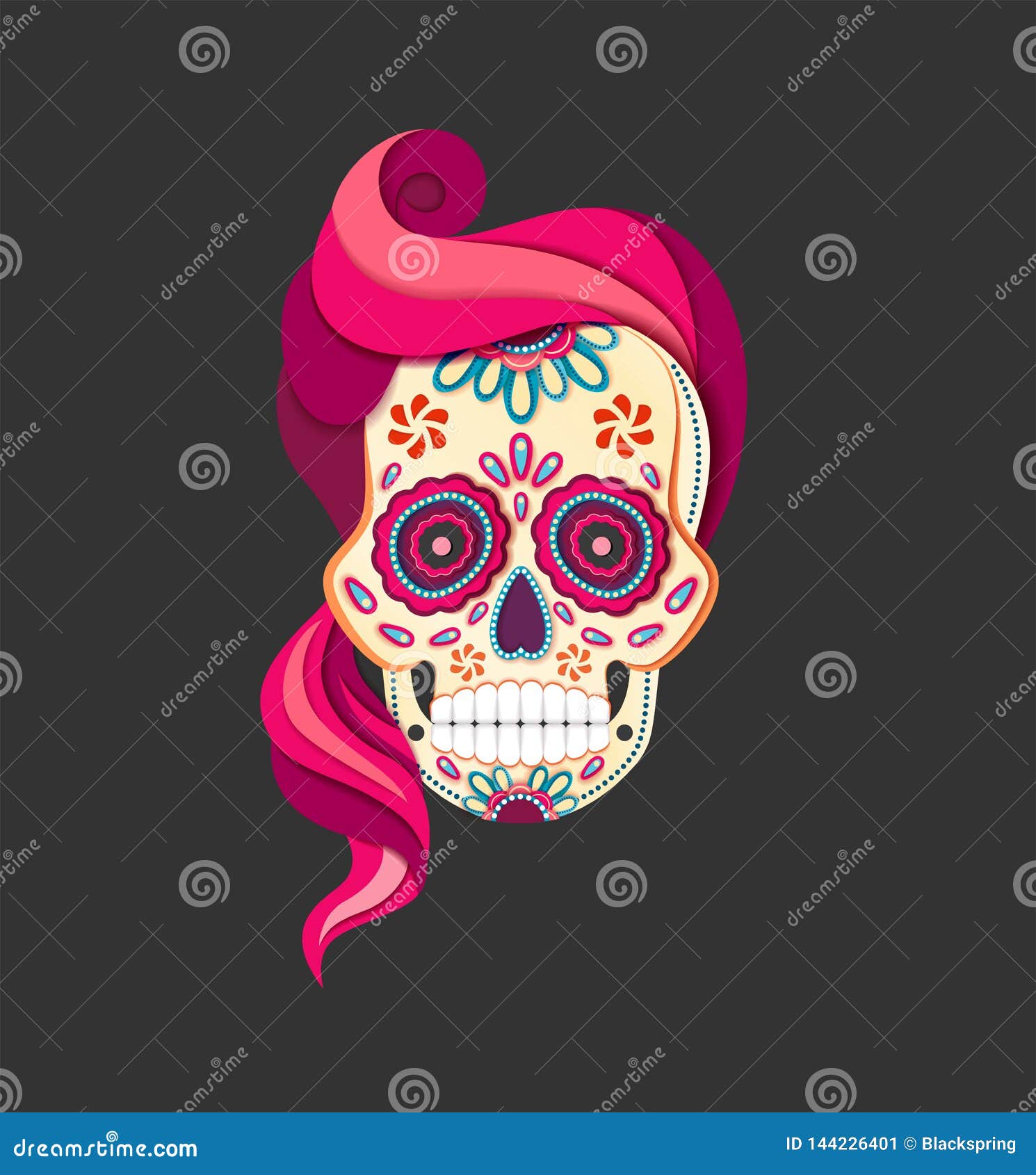 Download Flat Style Day Of The Female Dead Sugar Skull With Pink Hair Paper Cut Calavera Stock Vector Illustration Of Colorful Catrina 144226401
