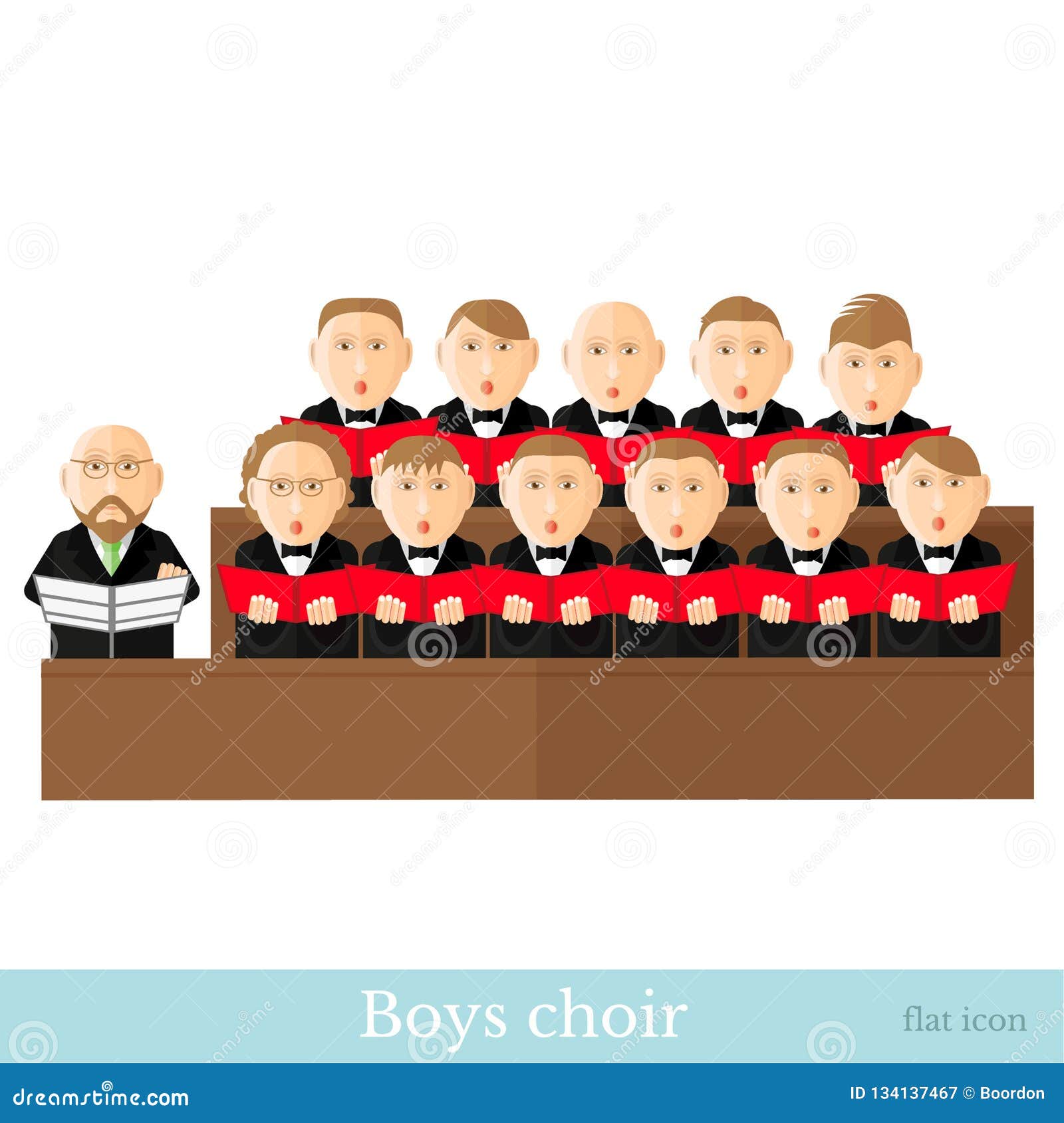 flat style leader and boys choir in two raws with black suits, red cover notes 