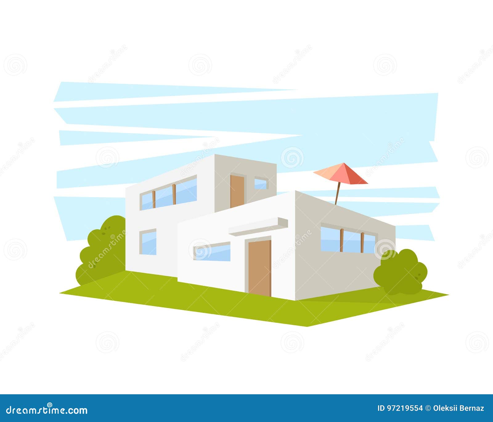 Flat Style Modern Architecture House with Green Lawn. Vector Drawing in