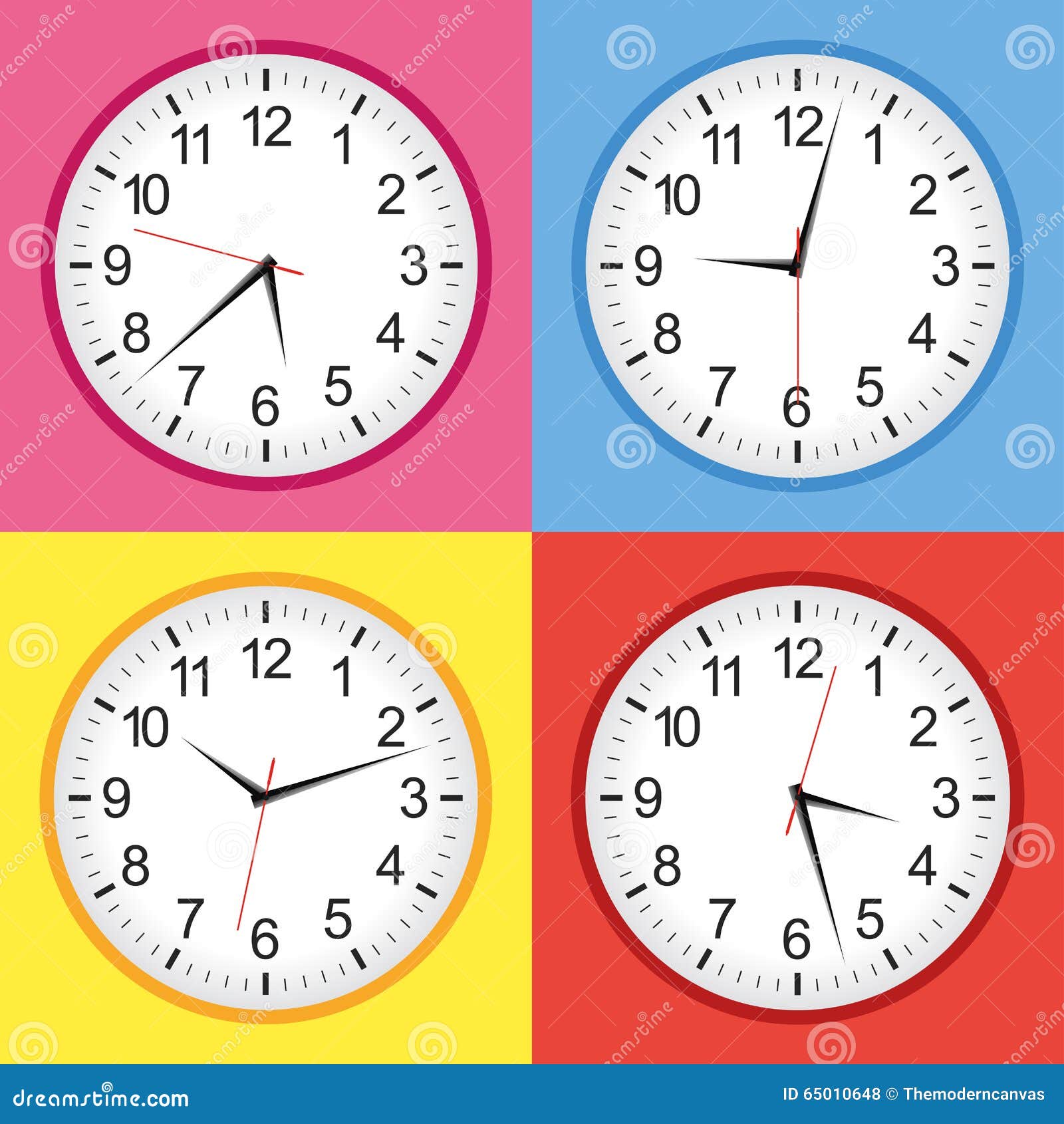 Flat Style Yellow, Blue, Pink and Red Analogue Clock Collection Stock