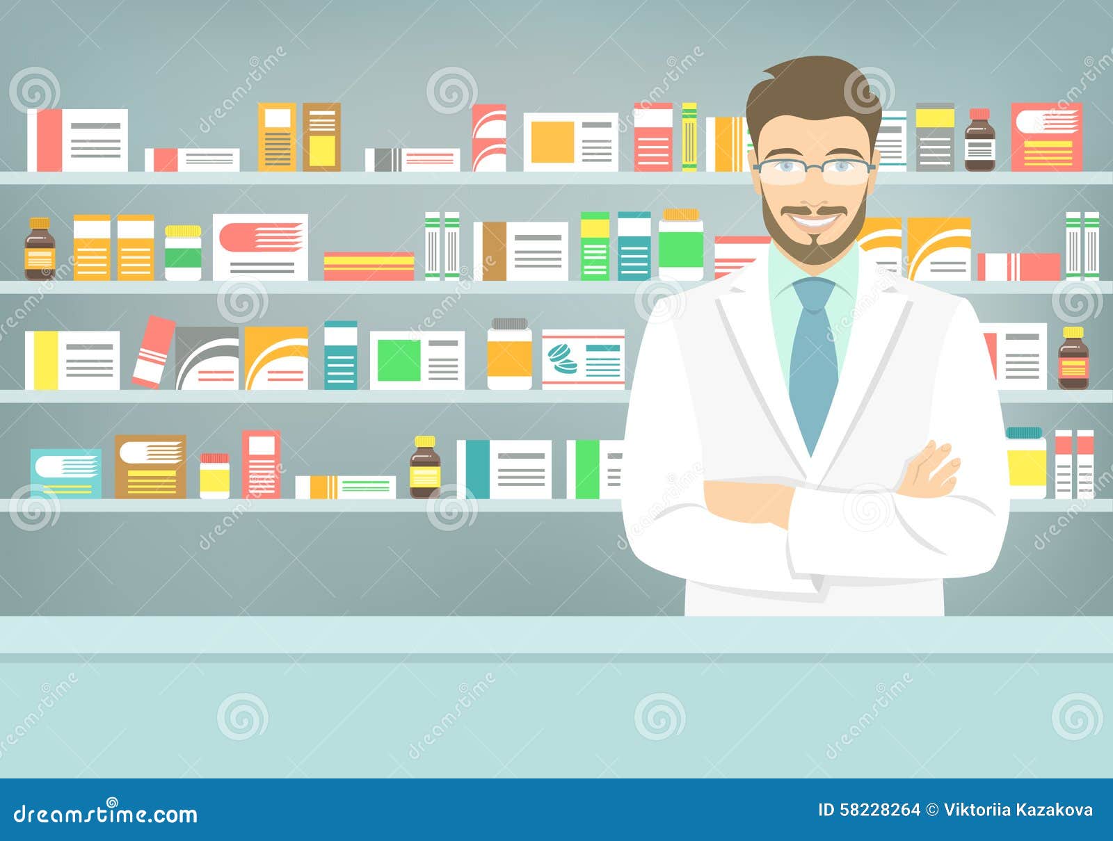 flat style young pharmacist at pharmacy opposite shelves of medicines