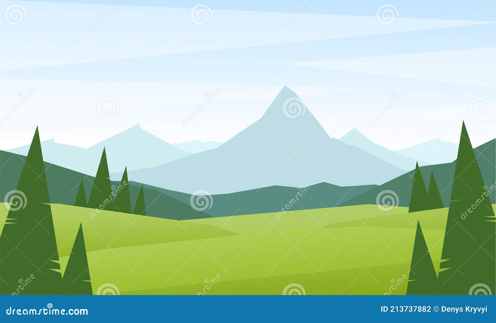 Flat Summer Mountains Landscape with Green Hills and Pines. Stock