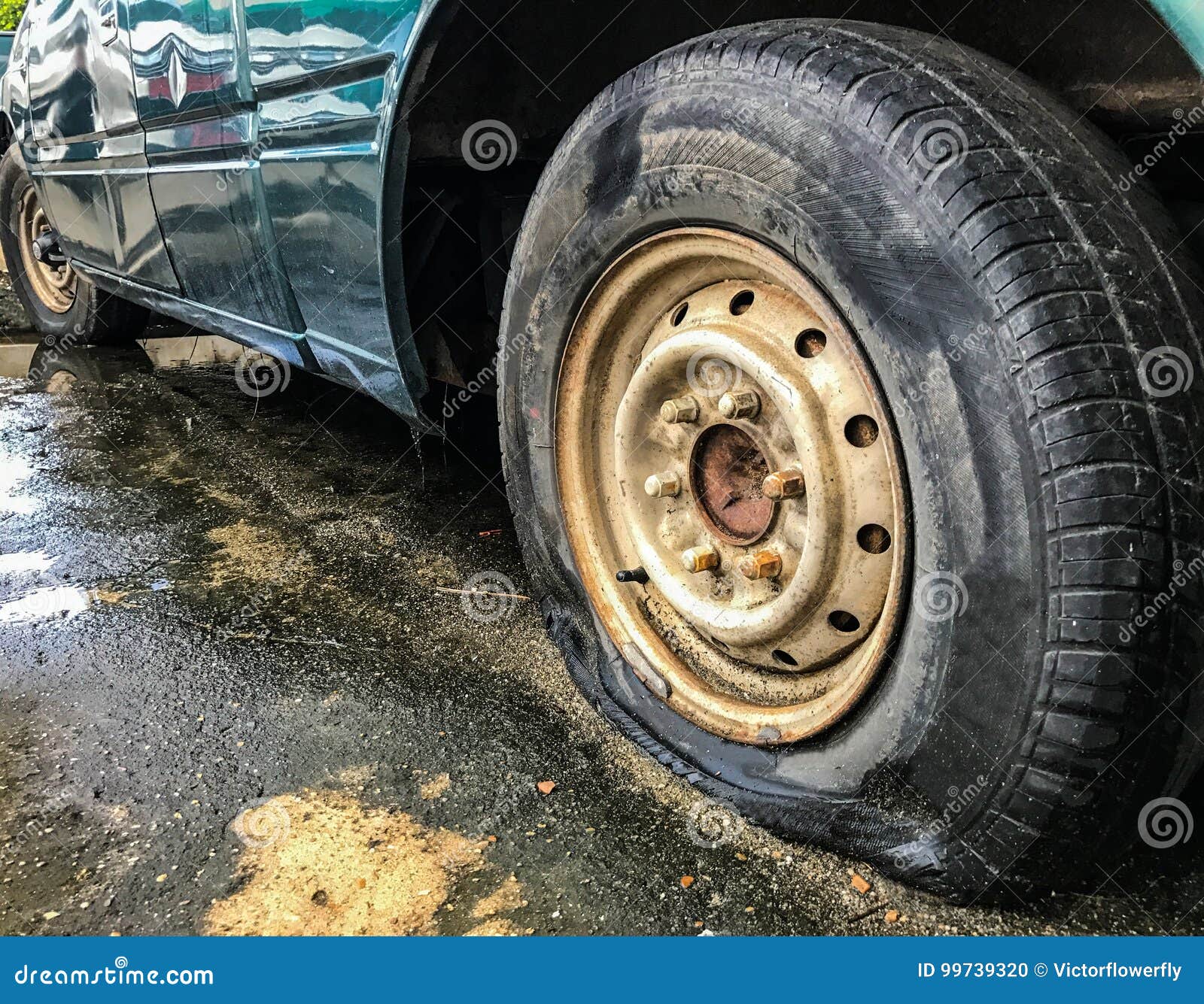 Flat Tire Of An Old Car On The Road Stock Photo Image Of Danger