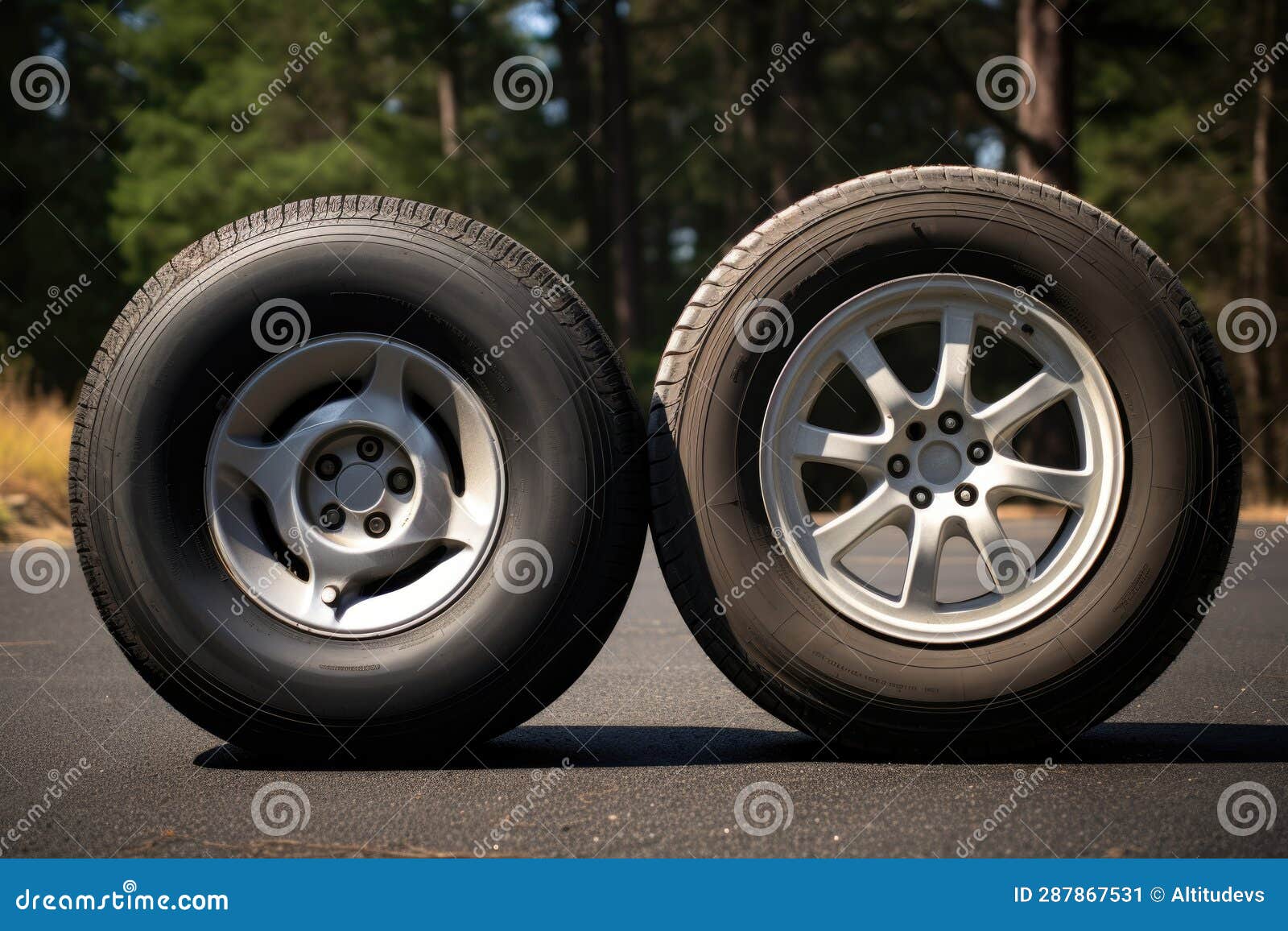 Flat Tire and Spare Tire Comparison Side by Side Stock Image Image of