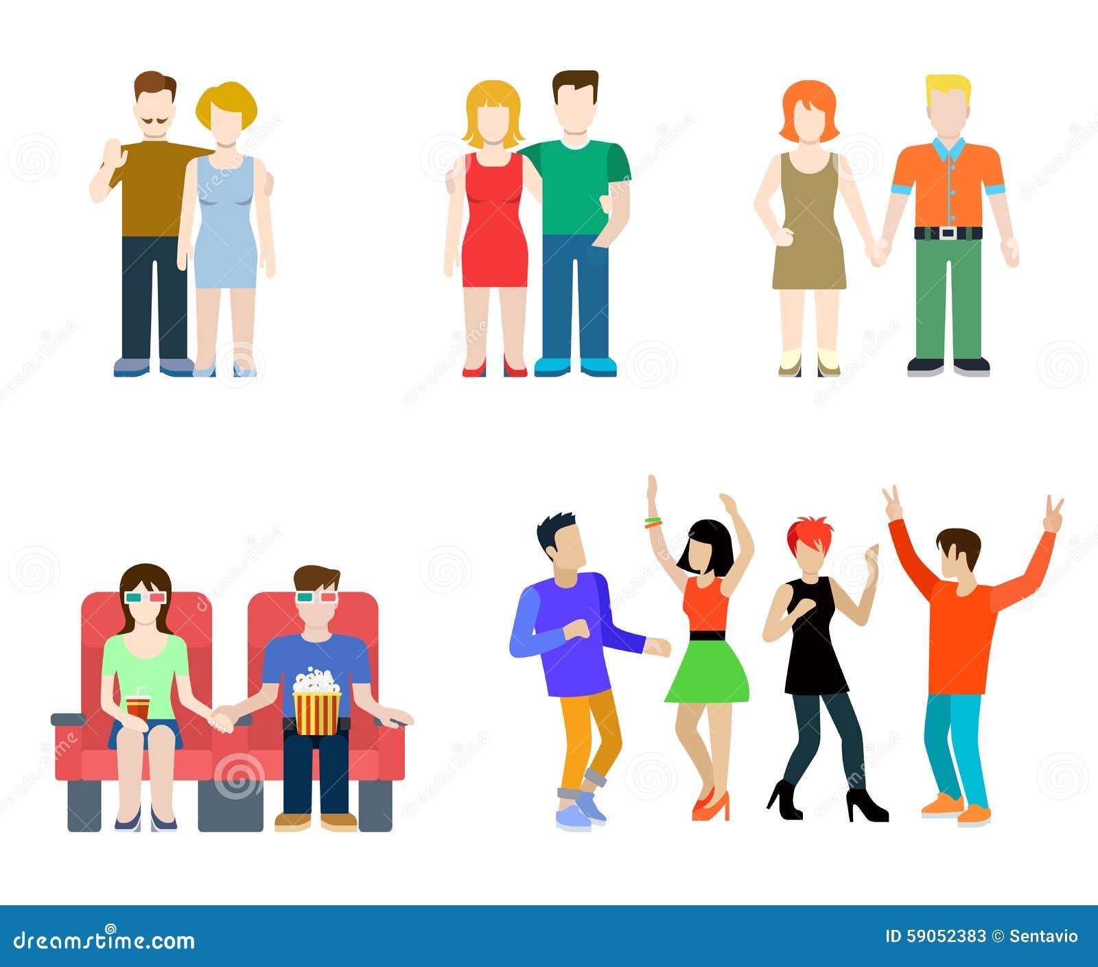 Flat Vector Casual People Lifestyle: Couple, Party, Cinema 