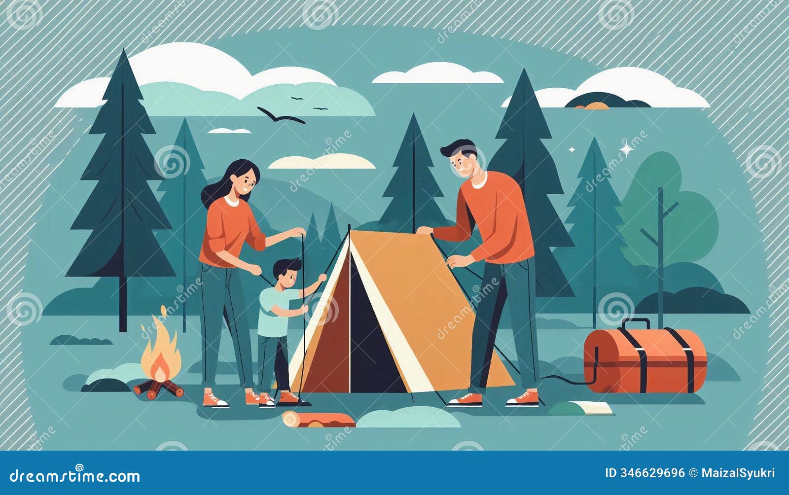 setting up for a night under the stars, as the family works together in nature.
