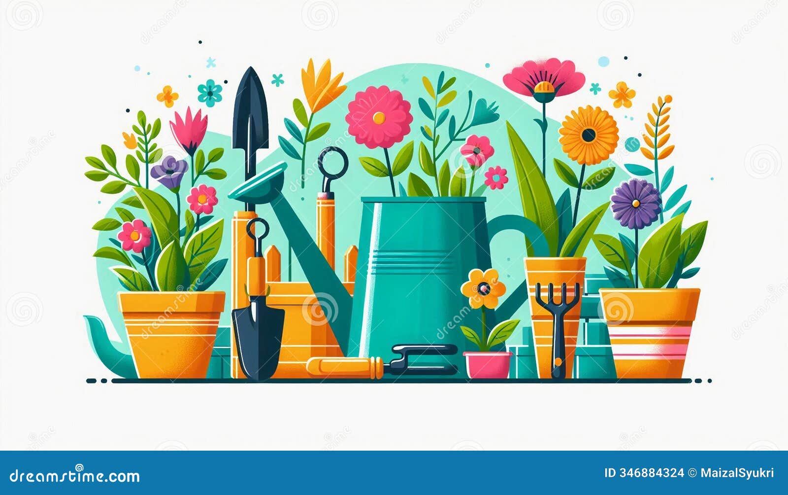 a colorful gardening theme with tools and potted plants for creative hobbies.