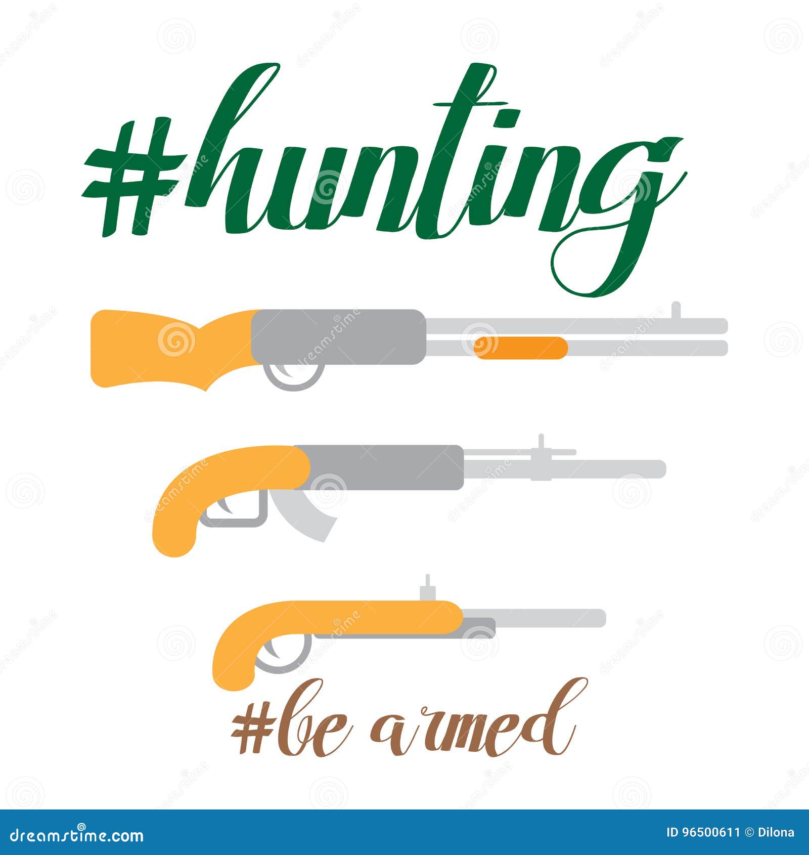Flat Vector Illustration of Hunter Stuff Gun, Ammunition, Hunting, with Hashtag Quotes Phrases
