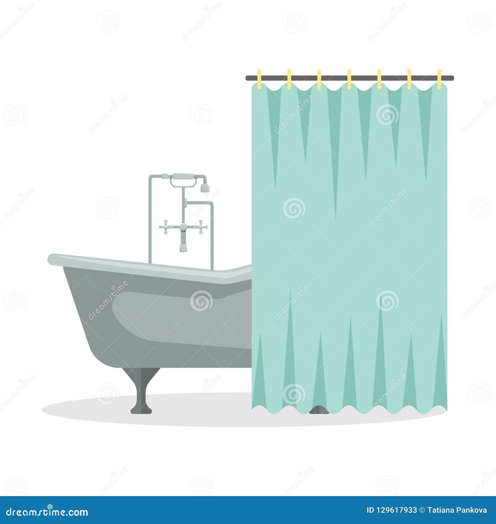 Flat Vector Illustration. a Rolltop Bath with Shower Curtain. Stock