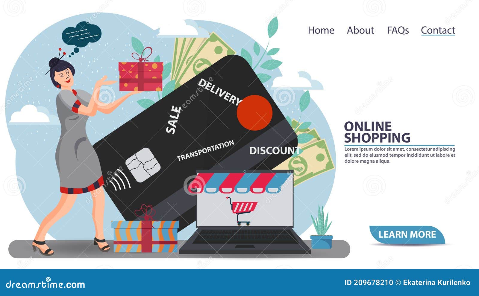 flat   for web page  and mobile application  banner girl with a gift in her hands on the background