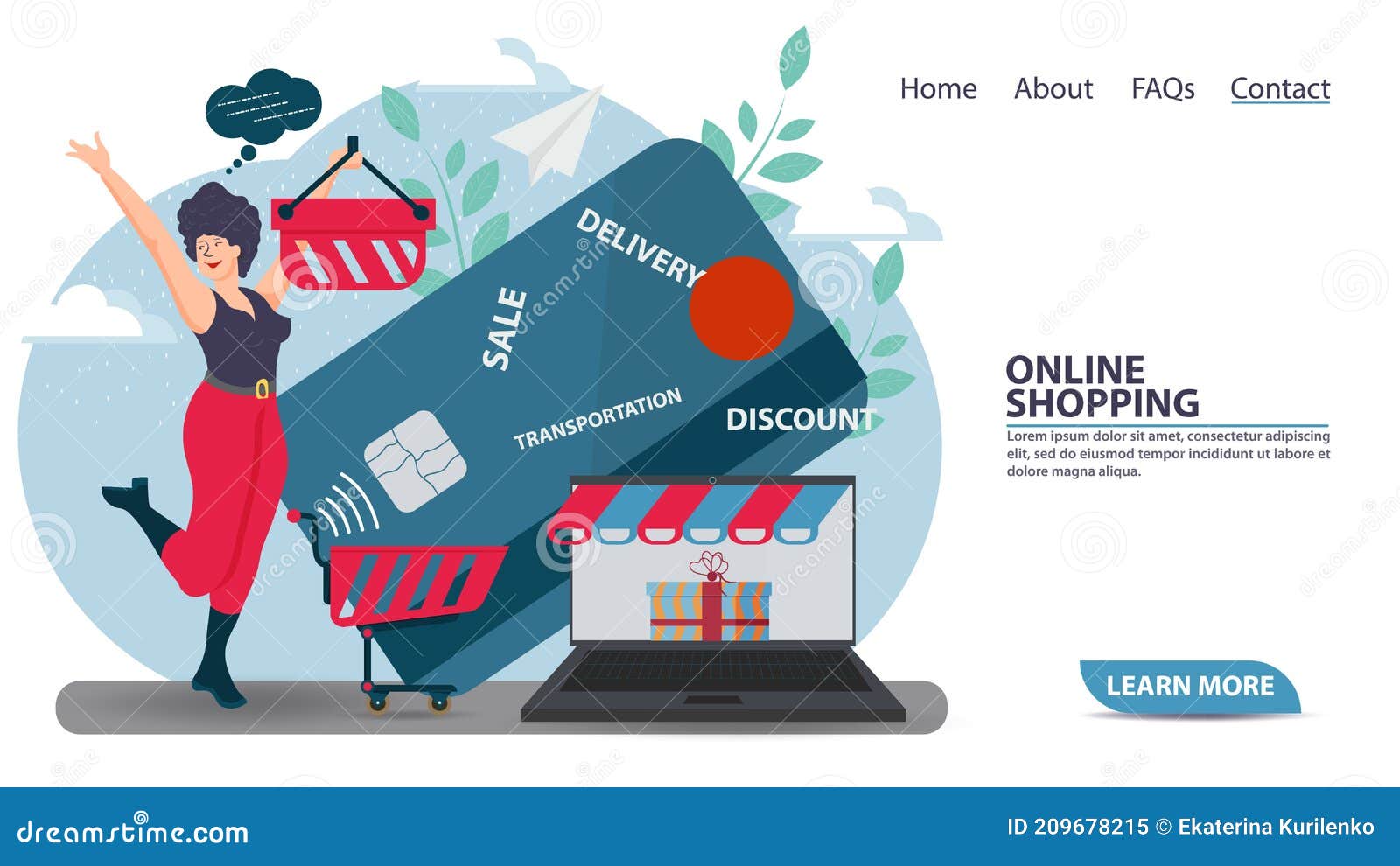flat   for web page  and mobile application  banner girl with shopping basket next to plastic card