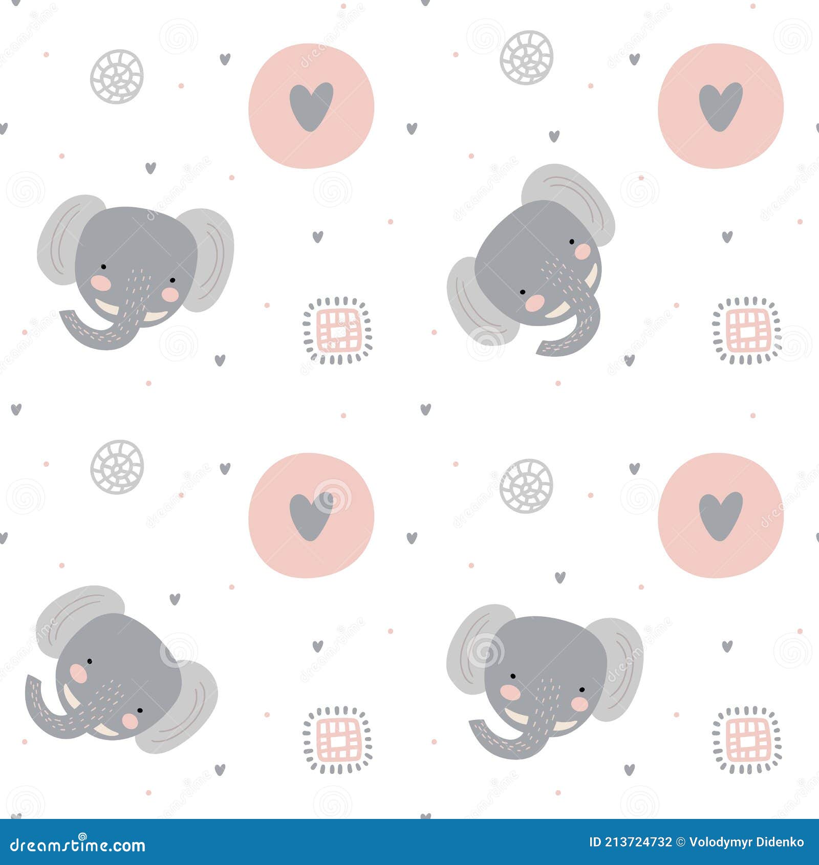 Funny Endless Hand Drawn Background with Cute Elephant, Dots and Hearts ...