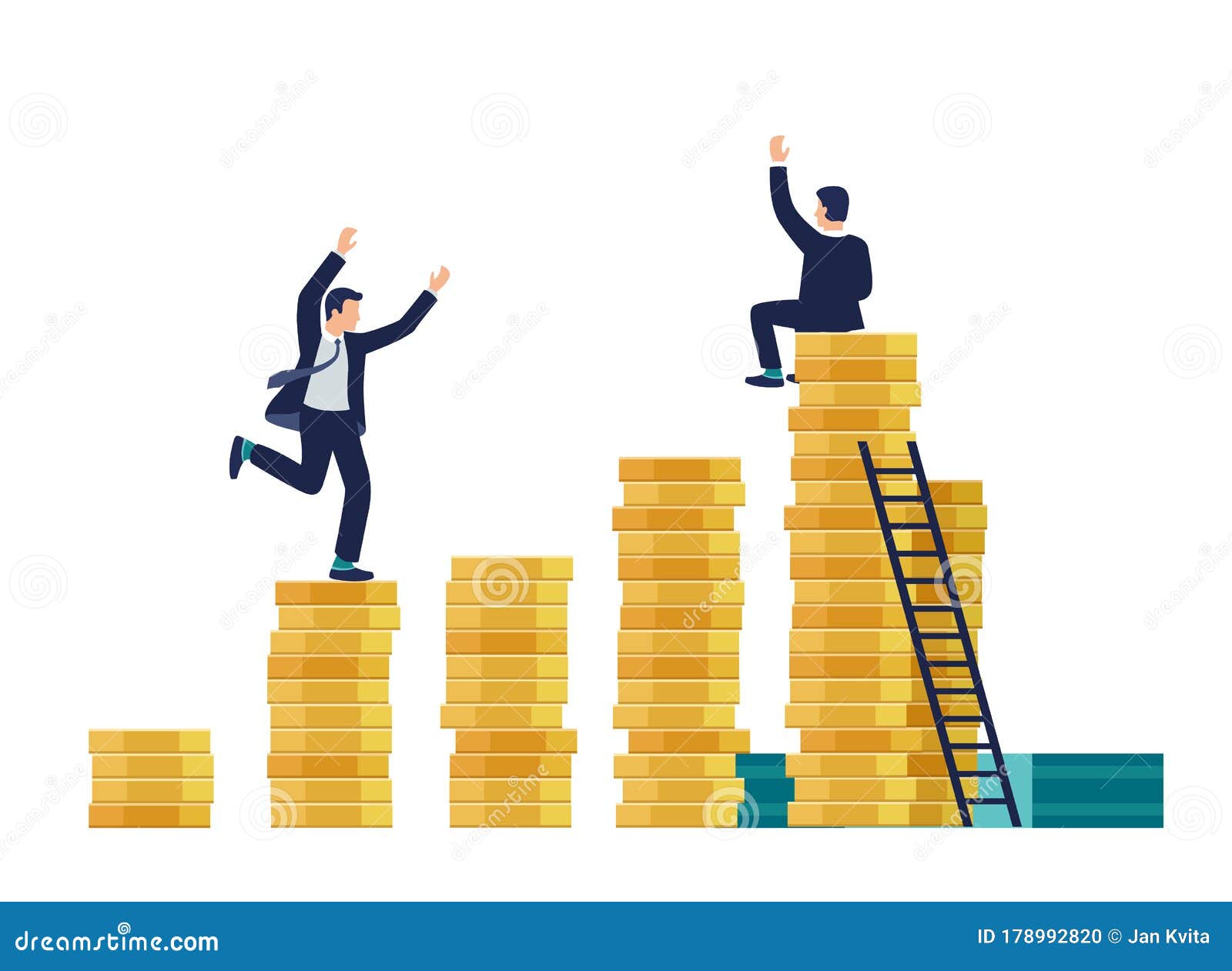 flat  people running up stairs made of coins - investment, leadership, succesful busines concept