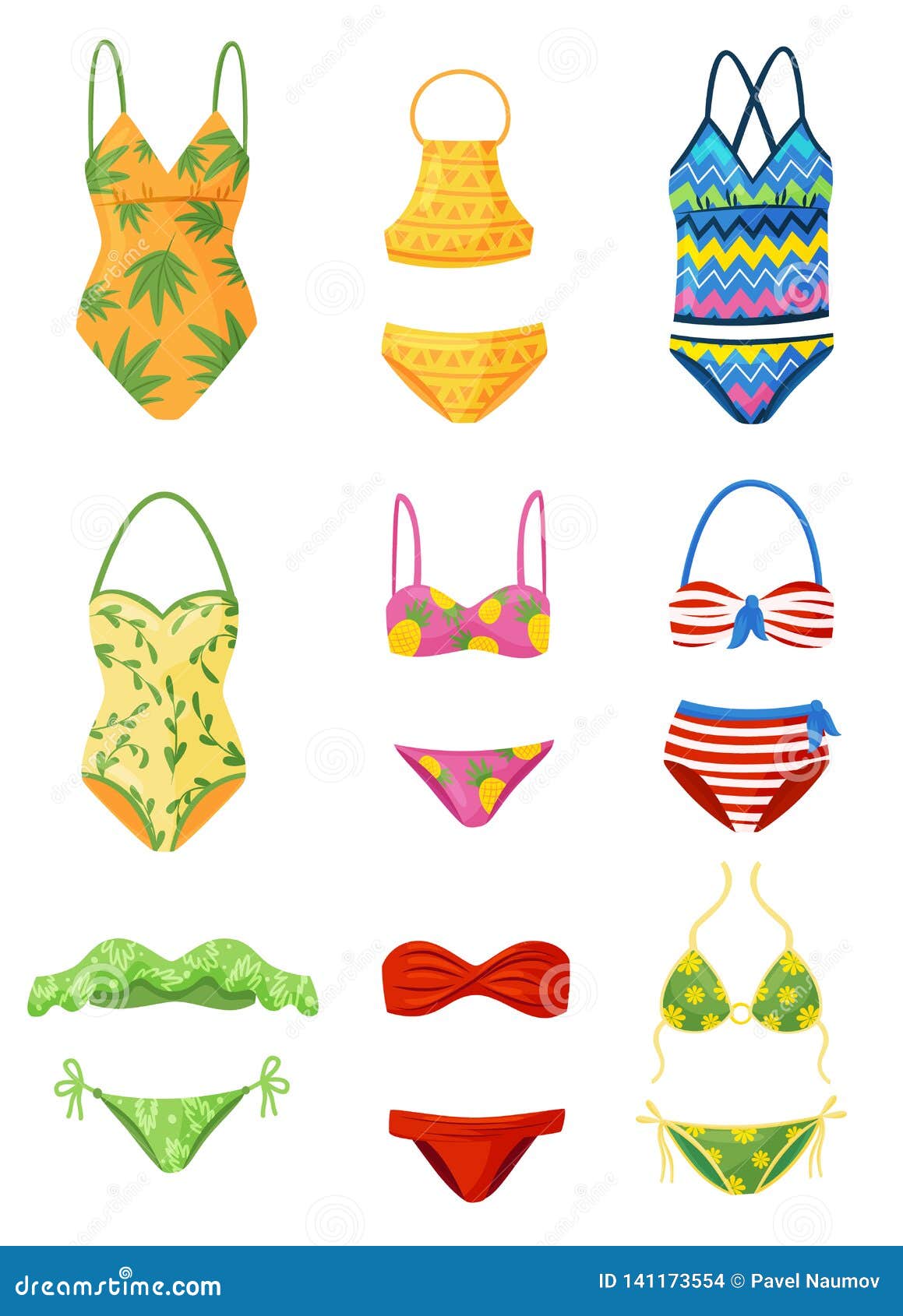 Flat Vector Set of Female Swimsuits. Trendy Women Garment for Swimming ...