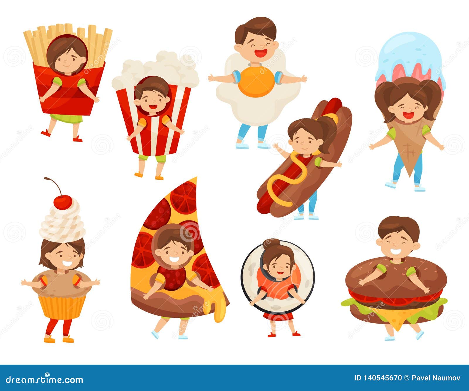 flat  set of kids in food costumes. cute boys and girls with happy face expressions. children in carnival outfit