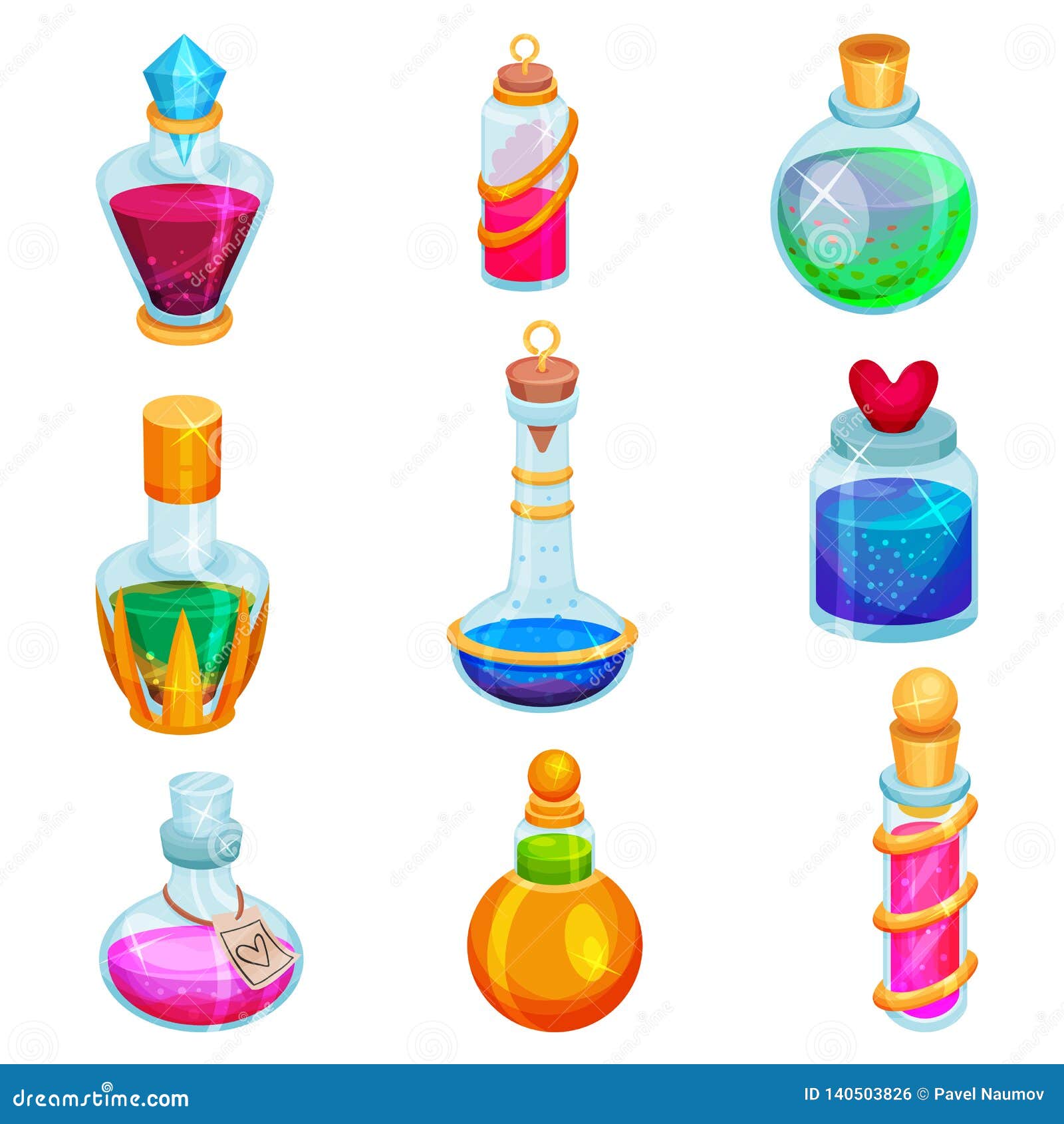 Magic Elixirs Or Love Potions Set In Three Glass Vials With Corks.Spell ...