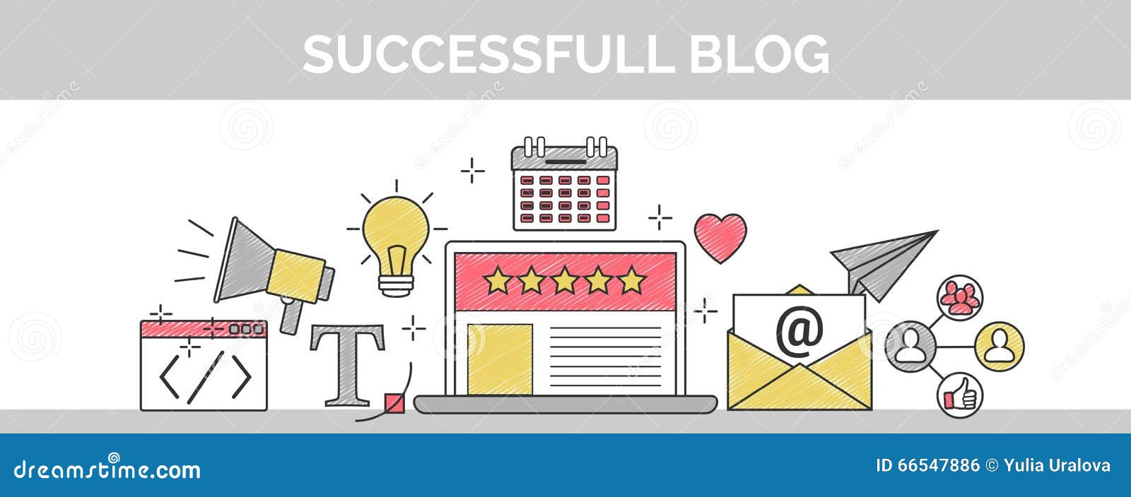 flat  thin line scribble header banner  of how to establish a successful 5 star blog. it includes: newsletter, s
