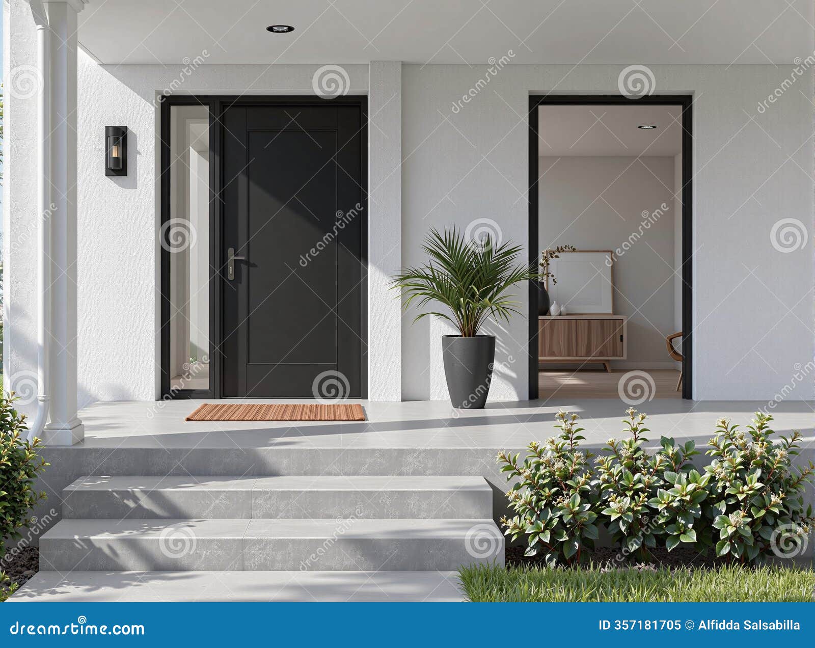 flat view of a sleek black front door with no additional decor. a blank doormat lies on smooth concrete steps, emphasizing extreme
