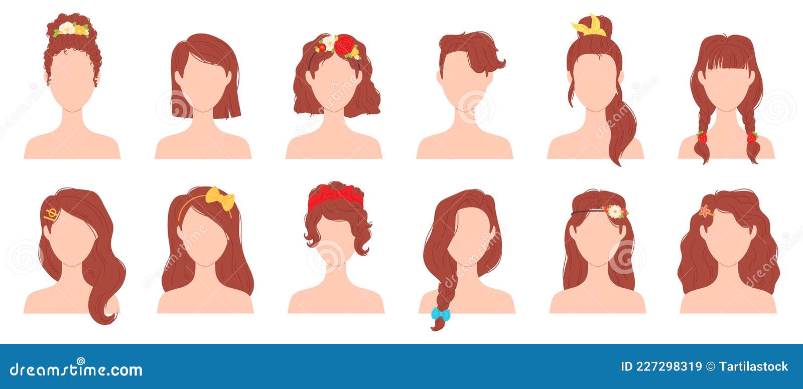 Flat Woman Hairstyles with Flower, Ribbon and Bow Accessory. Young Female Haircut with Hair Pins, Ties and Bands Stock Vector - Illustration of female, avatar: 227298319 Flat Woman Hairstyles with Flower, Ribbon and Bow Accessory. Young Female Haircut with Hair Pins, Ties and Bands Stock Vector - Illustration of female, avatar: 227298319