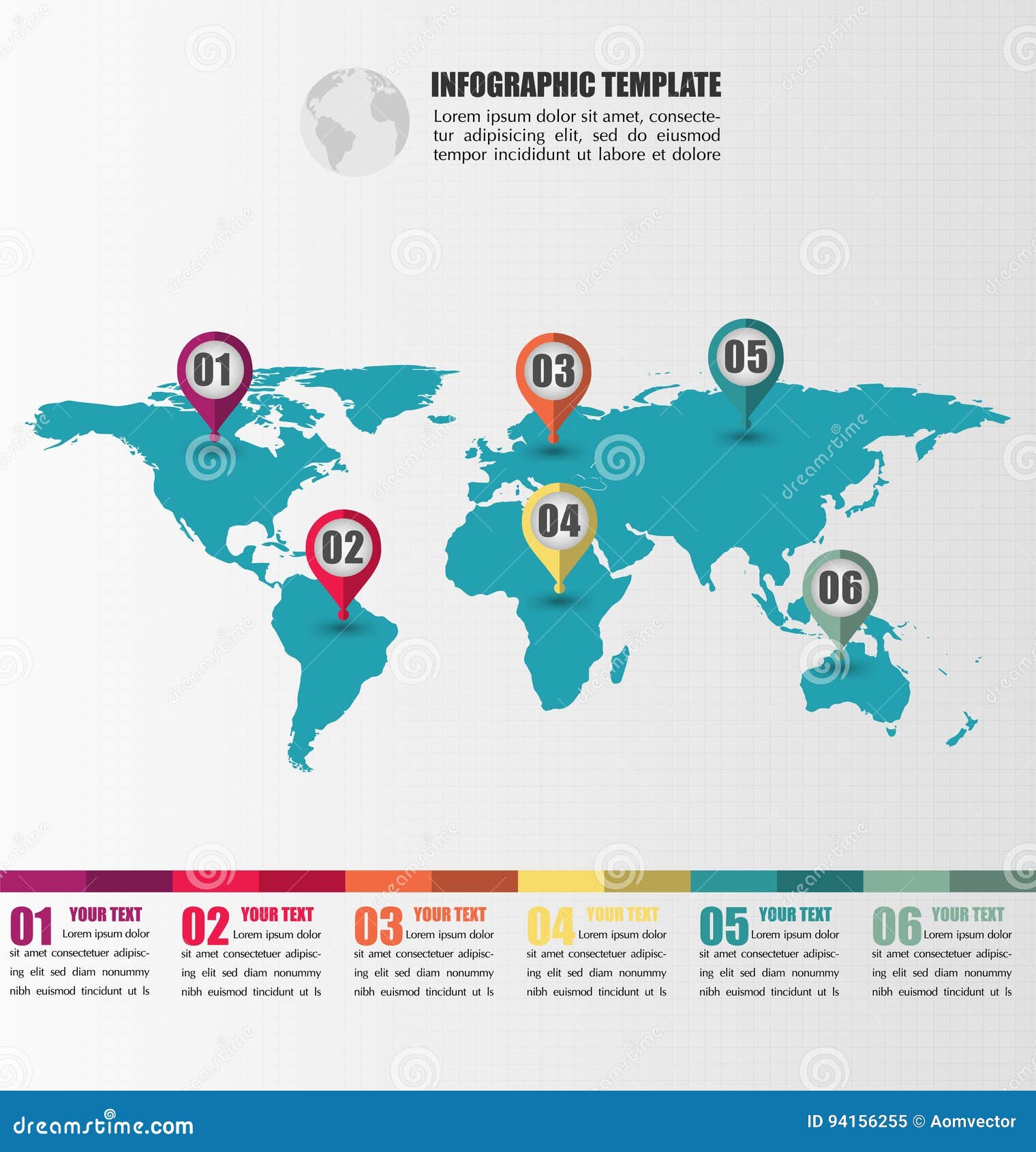 Flat World Map Infographic Template with Number Pointer Marks Stock