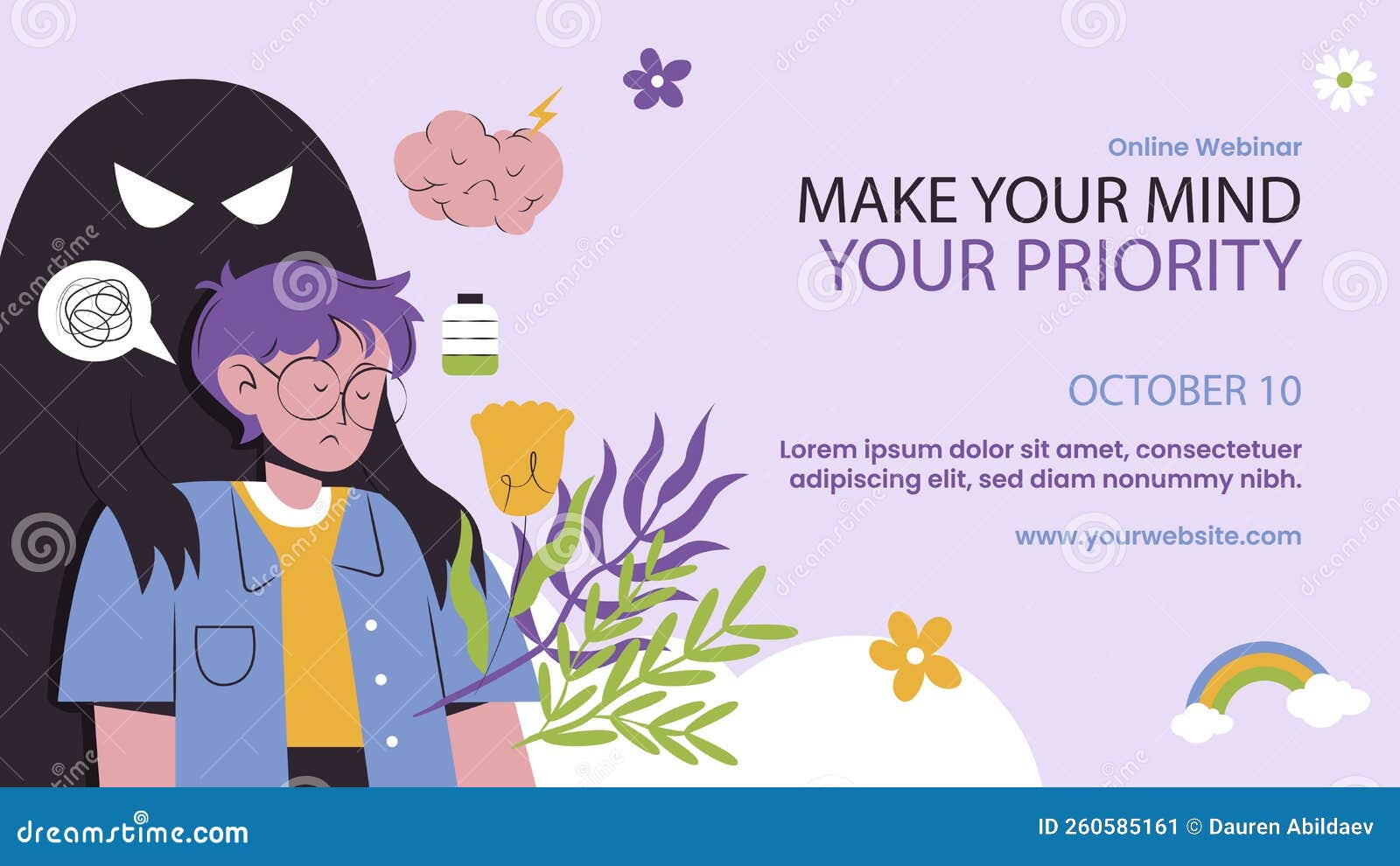 Flat World Mental Health Day Webinar Template Vector Illustration