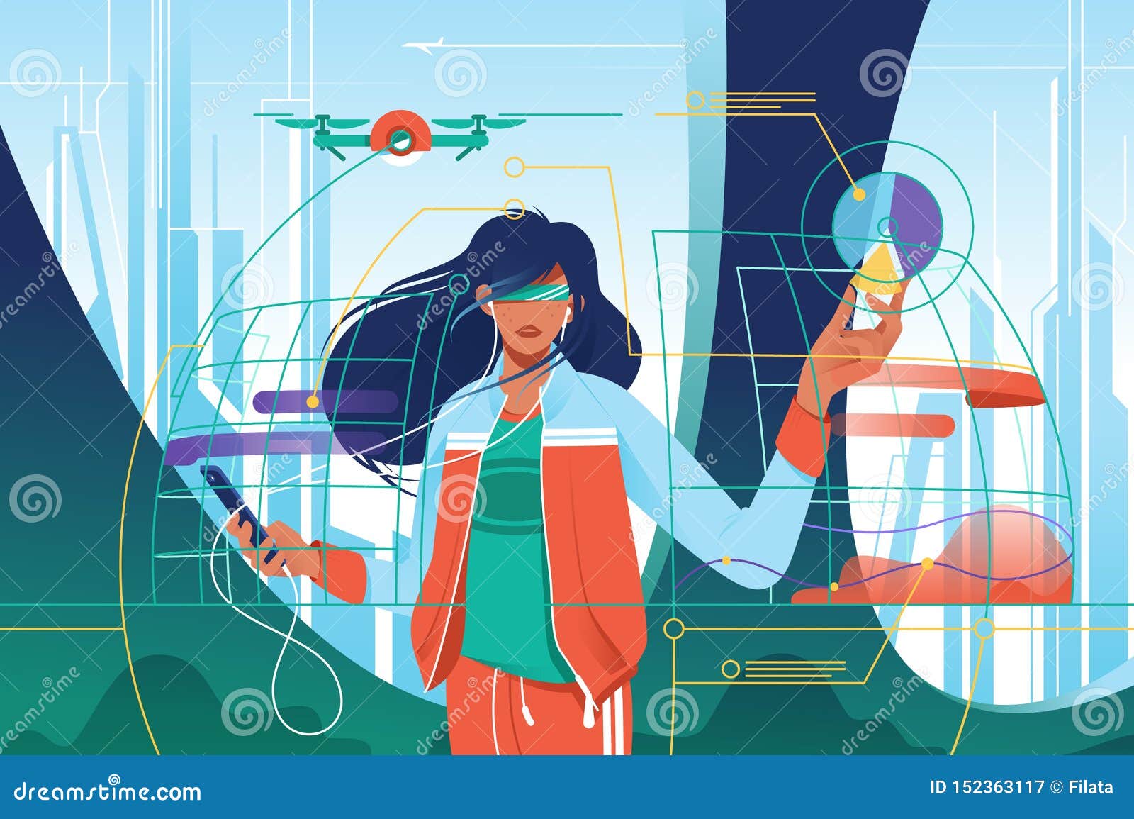 flat young attractive woman in high tech world.