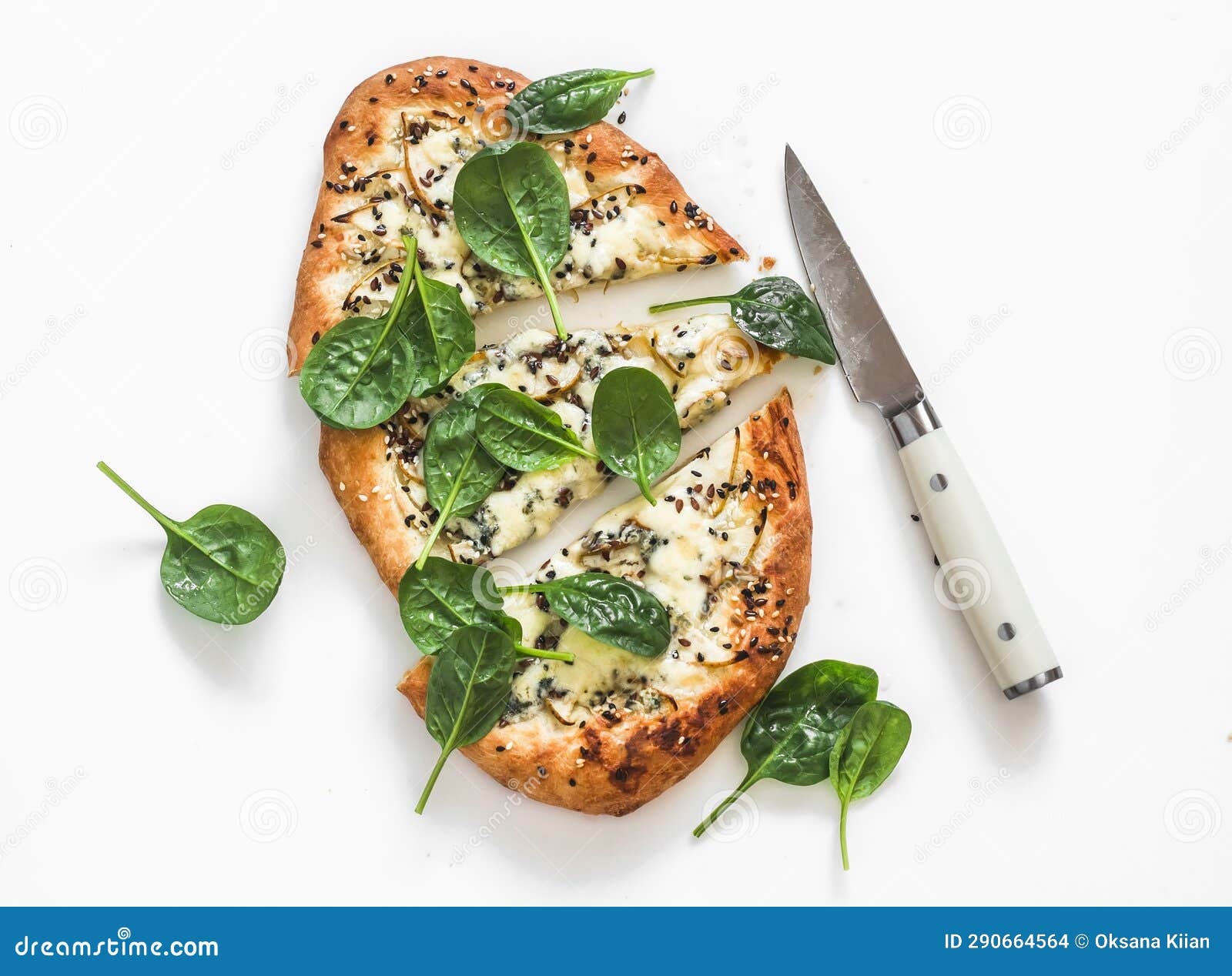 Flatbread with Blue Cheese, Pear, Sesame and Fresh Spinach on a Light