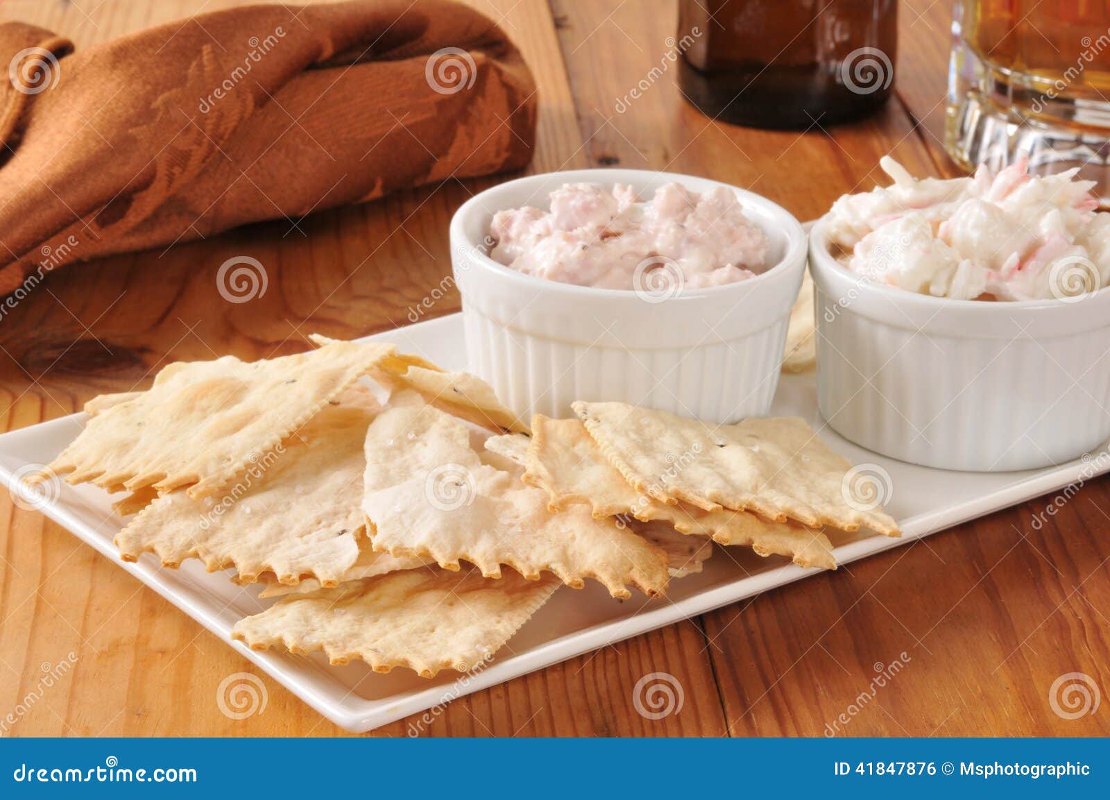 Flatbread Crackers with Dips and Beer Stock Photo Image of table