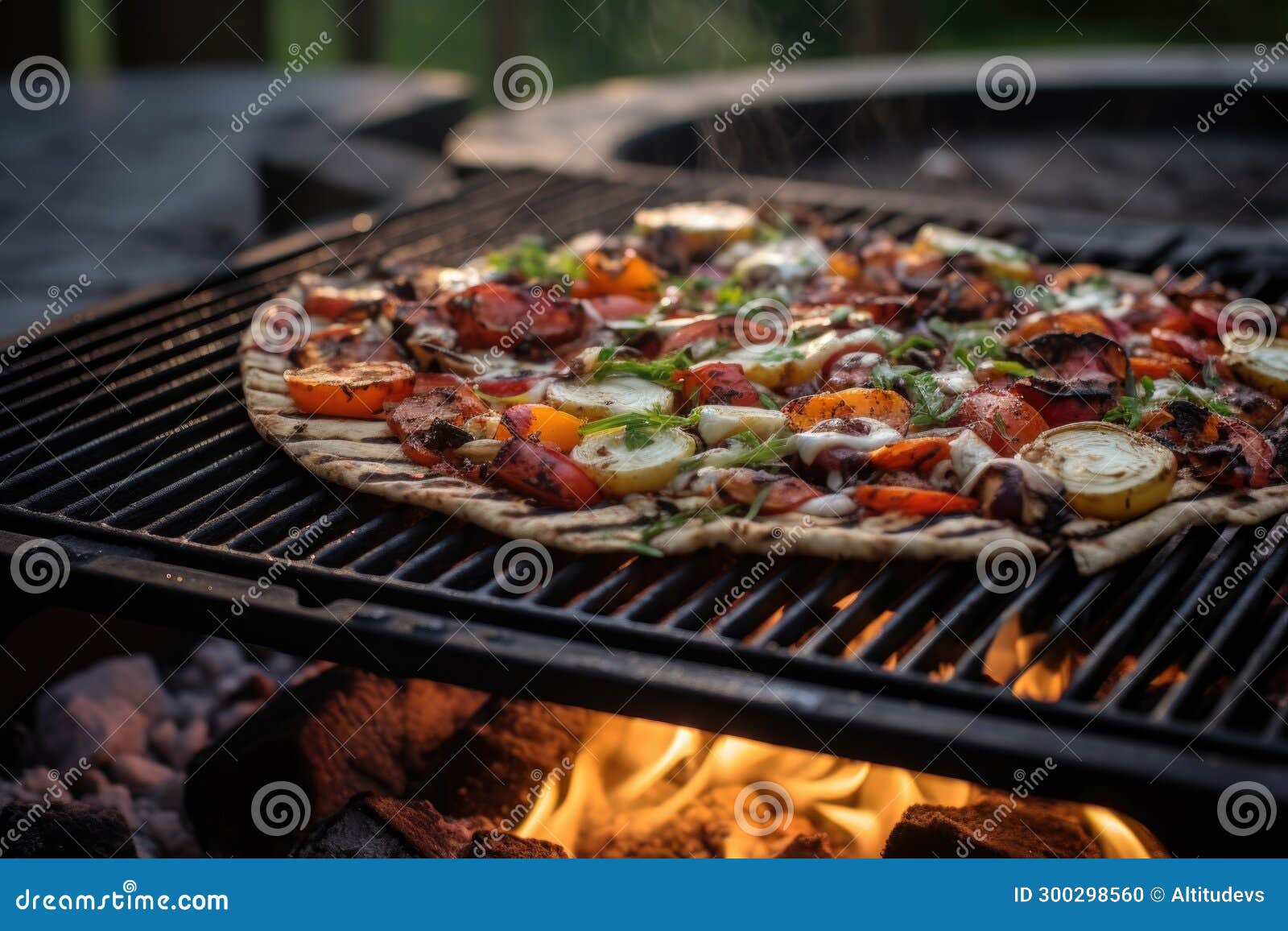 Flatbread Pizza on a Grill Outdoors, Smoke Curling Up Stock Photo