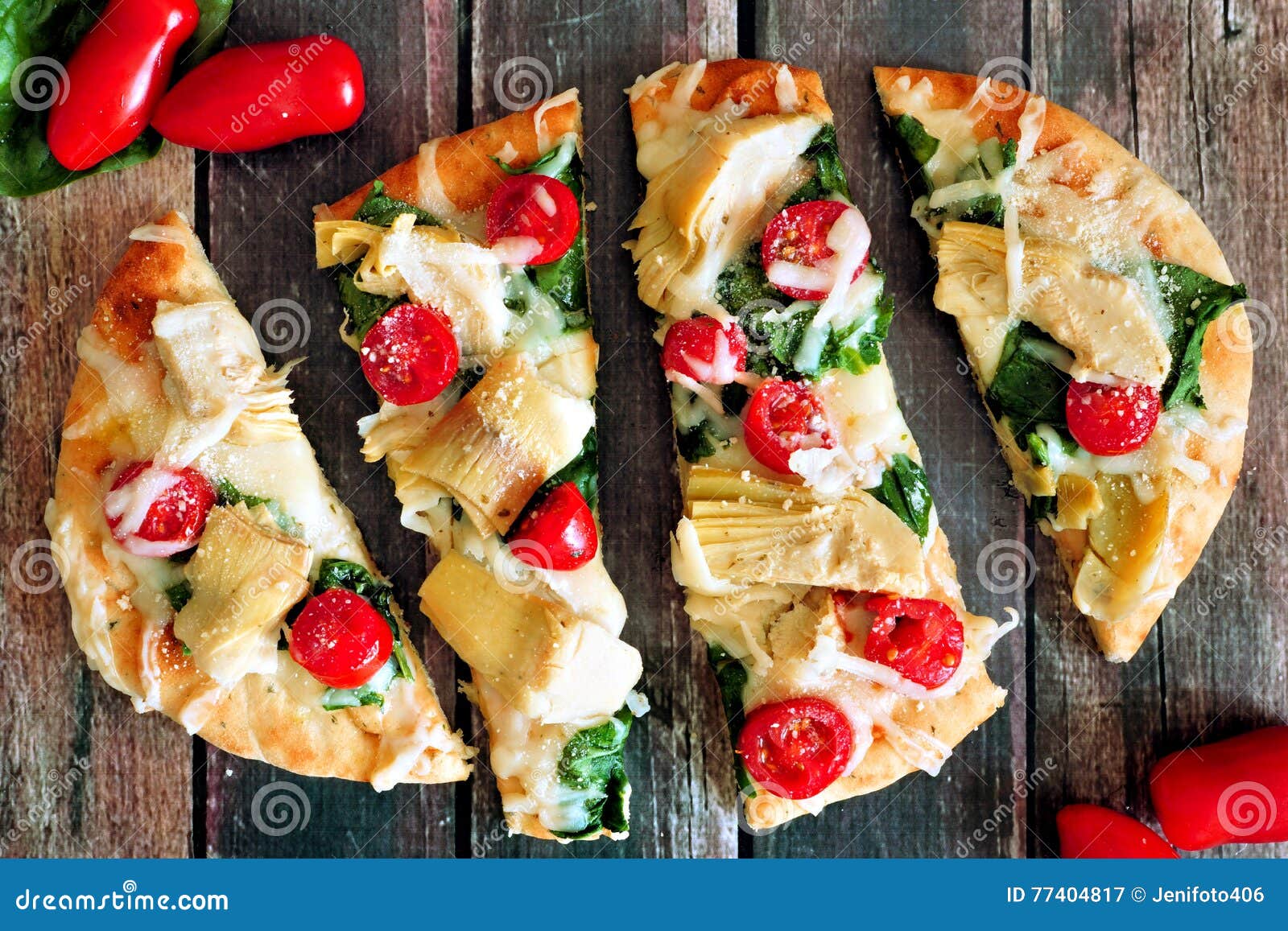 Flatbread Pizza with Mozzarella, Tomatoes, Spinach, Artichokes, Over