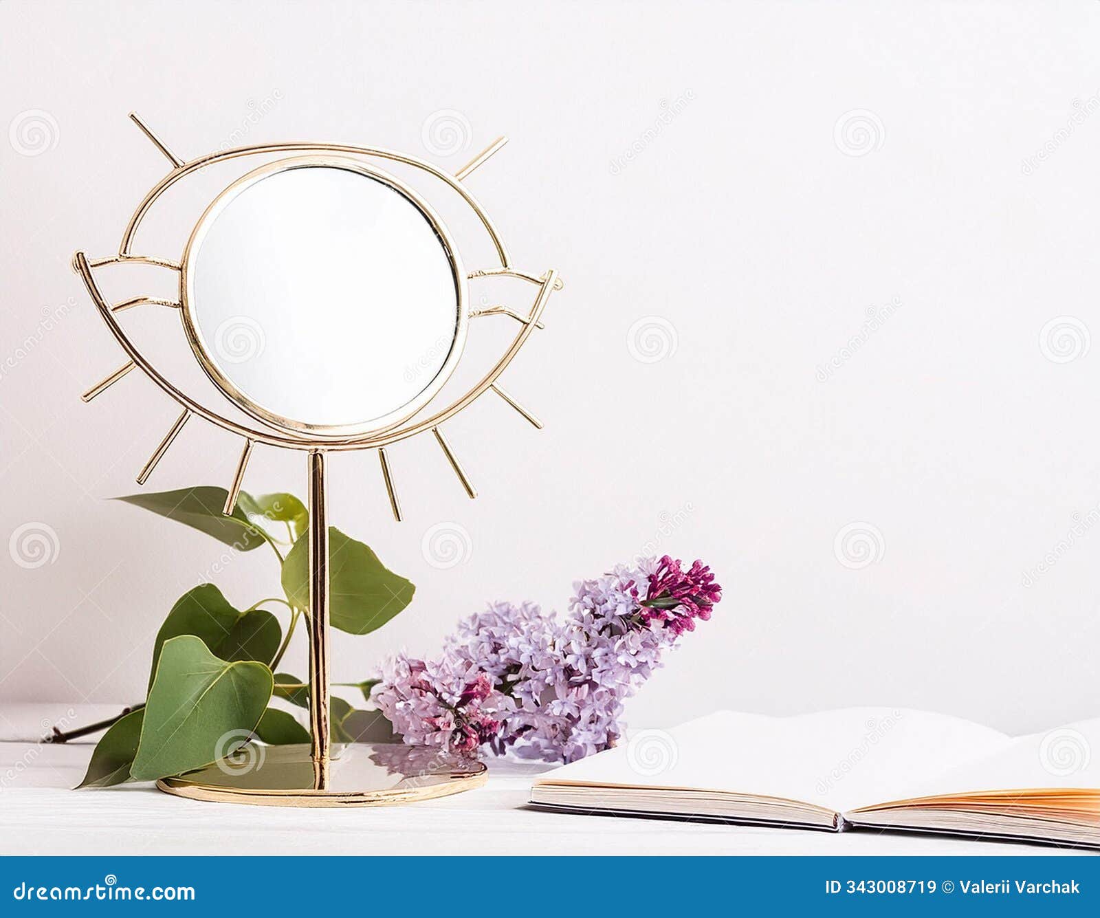 subtle beauty notepad, lilac, mirror on white wooden background