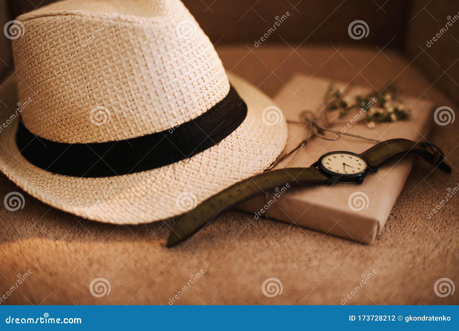Flatlay of Summer Straw Hat, Retro Hand Watches and a Book. Traveler ...