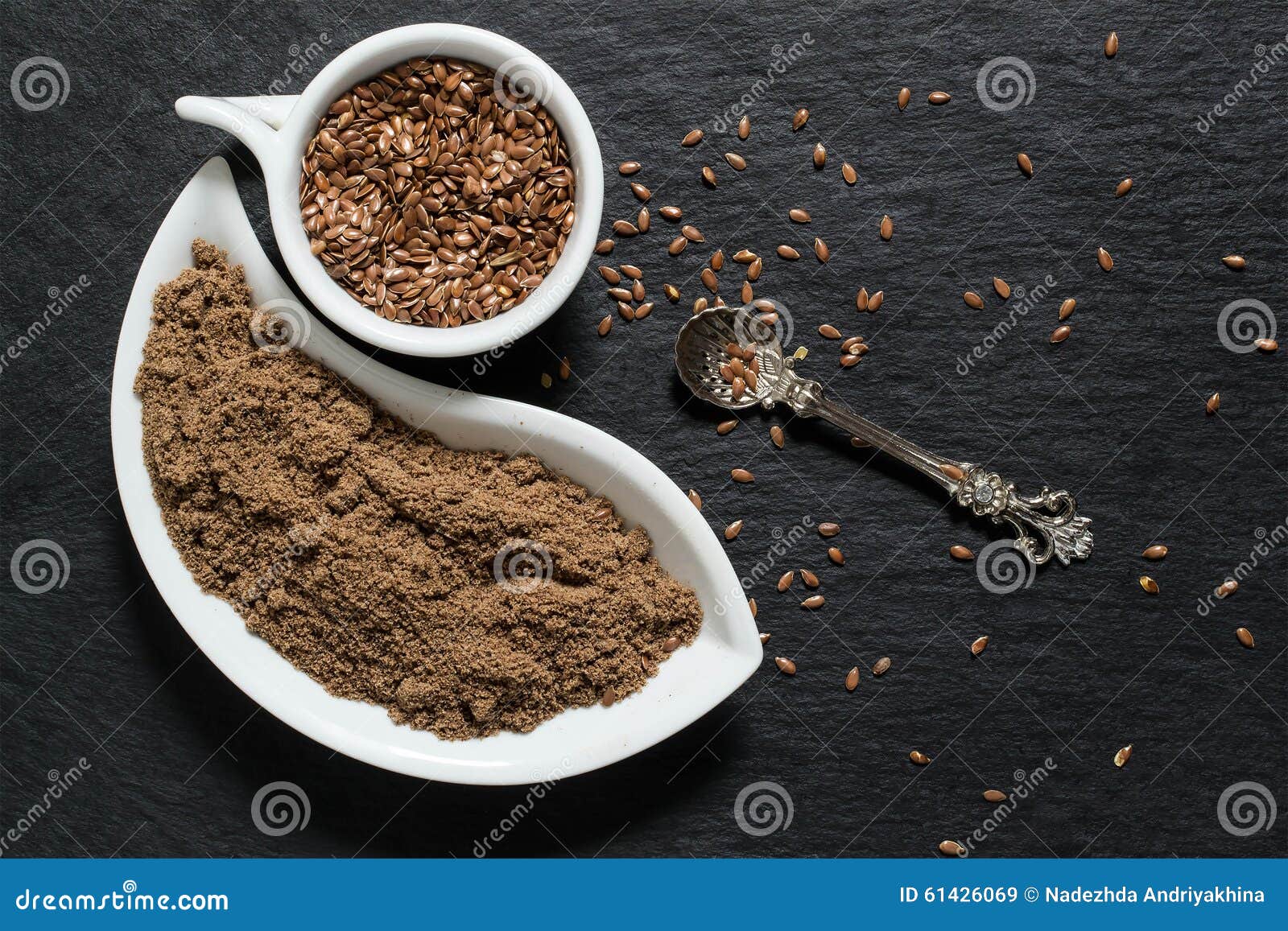 Flax Seeds and Flour on the Surface of the Shale Stock Image Image of