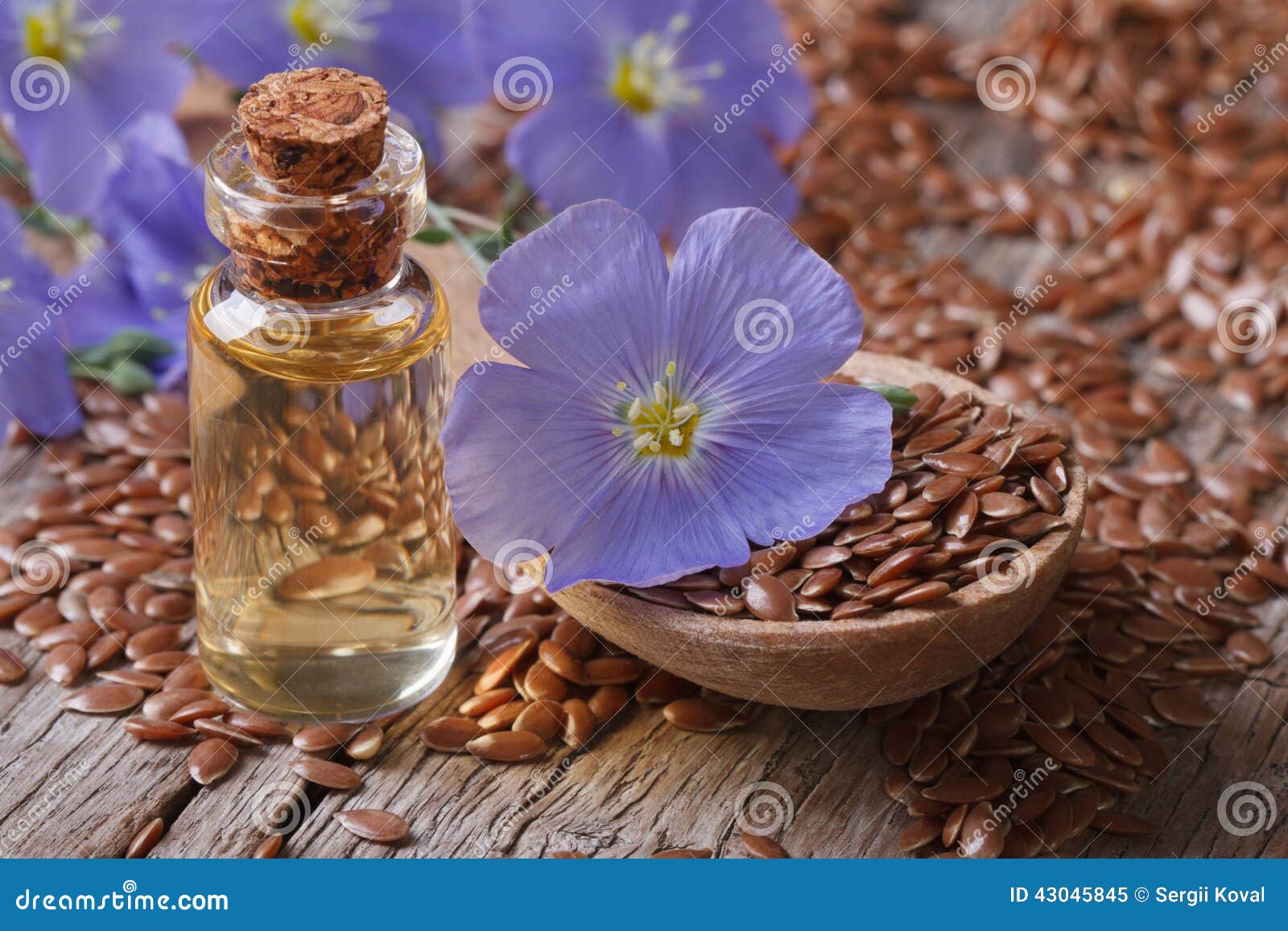 Flax Seeds in a Spoon and Oil in a Bottle Closeup Horizontal Stock
