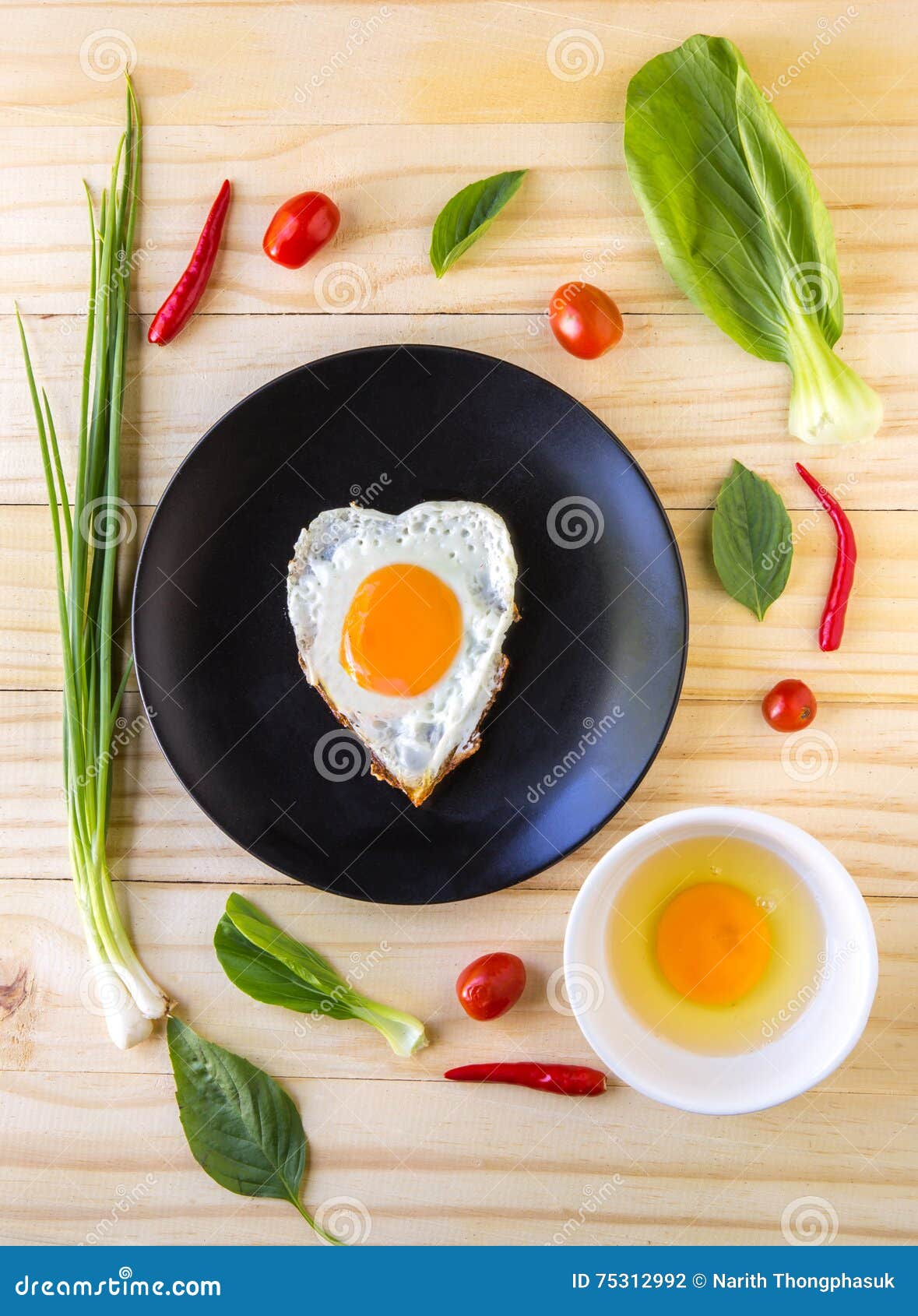 Flay Lay Vegetables, Herbs, Spices and Egg, Fried Egg Stock Photo