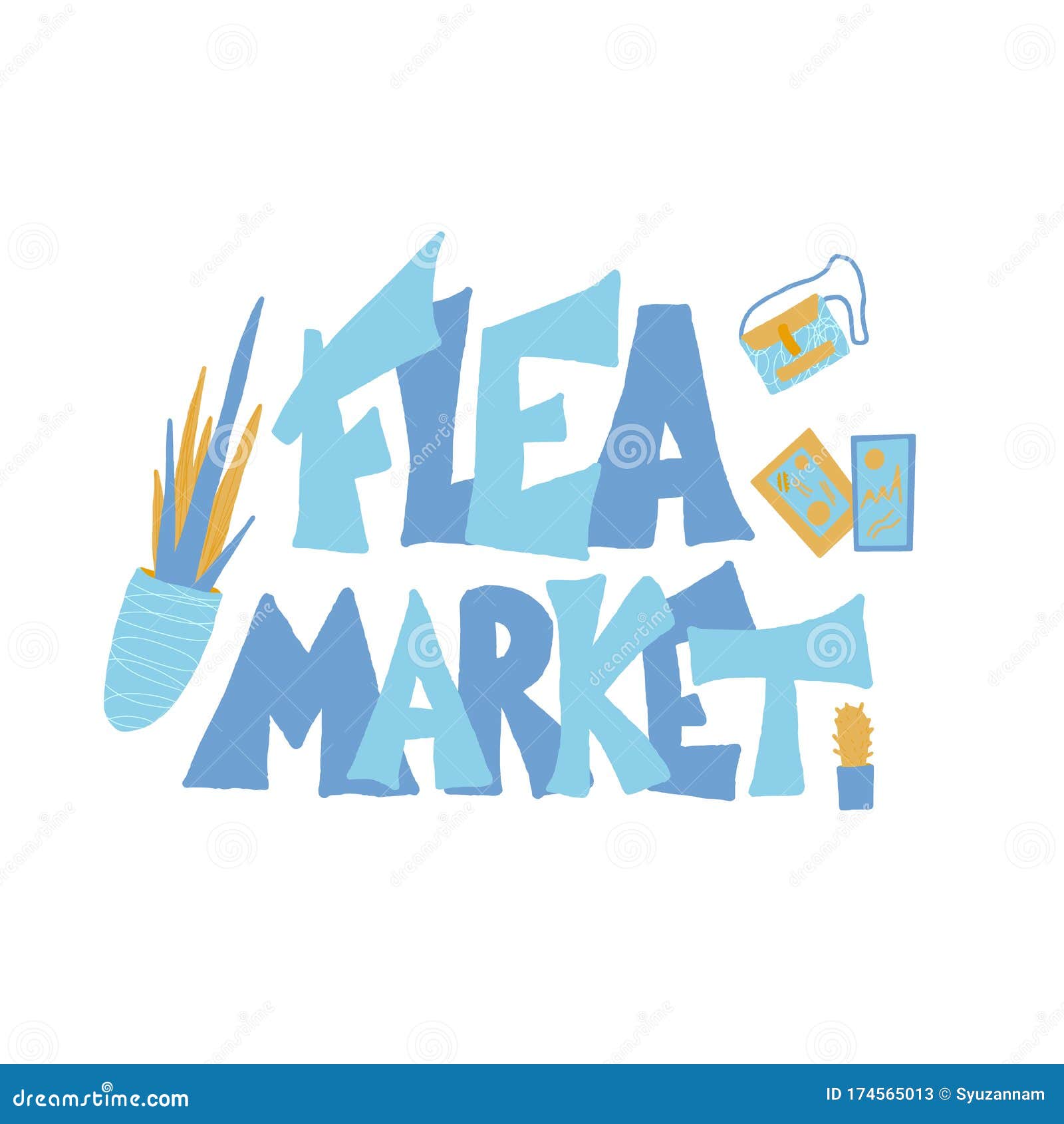 Flea Market Emblem. Text and Hand Drawn Decor Stock Vector