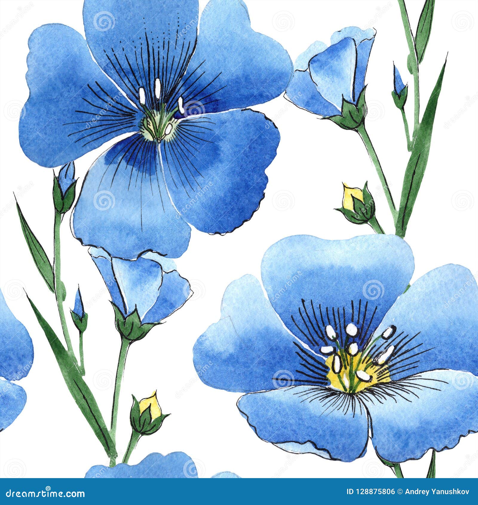 Fleur Bleue De Lin D'aquarelle Fleur Botanique Florale Modèle Sans Couture  De Fond Illustration Stock - Illustration du tissu, silhouette: 128875806